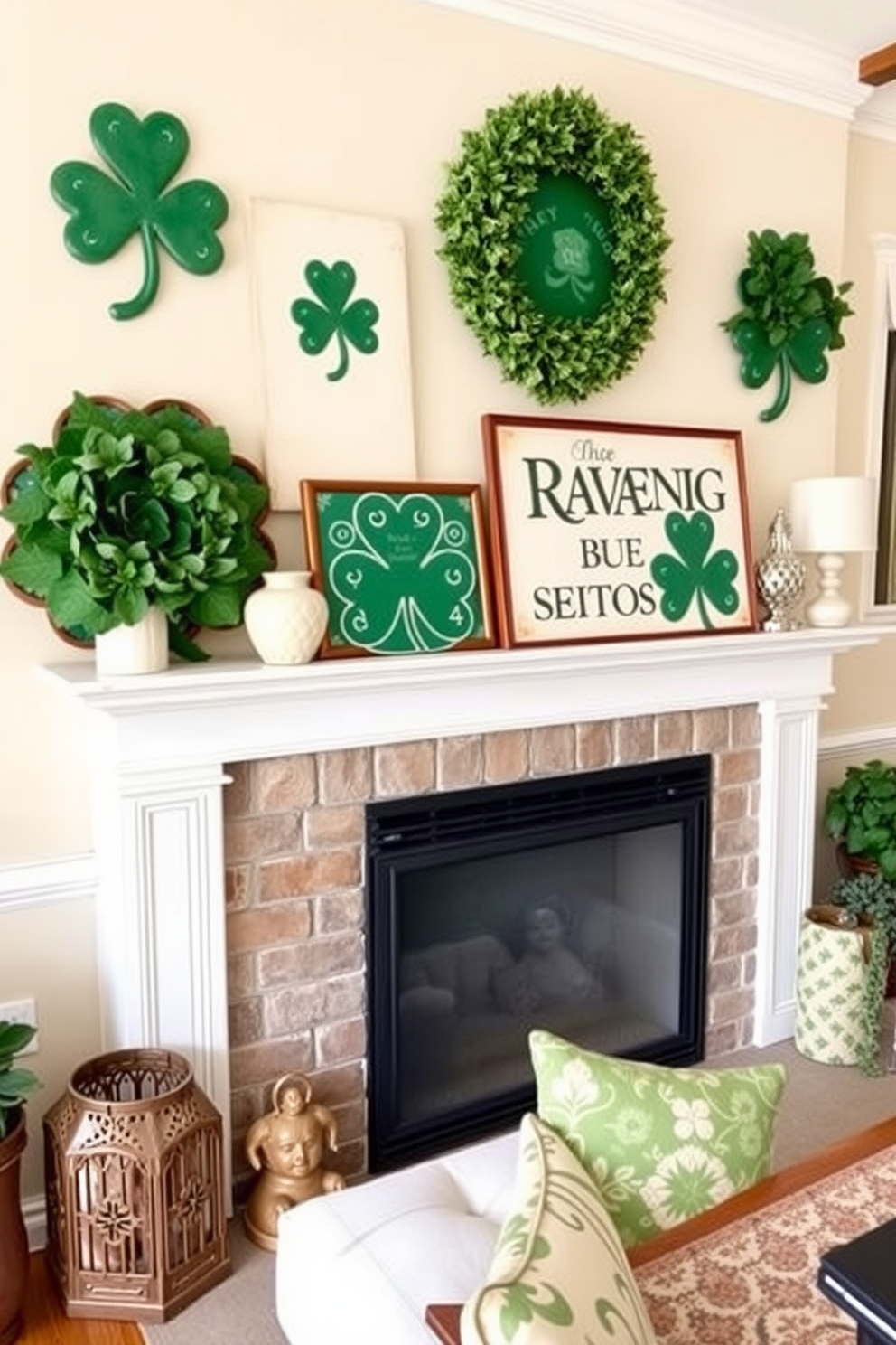 A charming living room mantel adorned with vintage shamrock signs. The signs feature intricate designs and a rich green color palette, perfectly complementing the St. Patrick's Day theme.