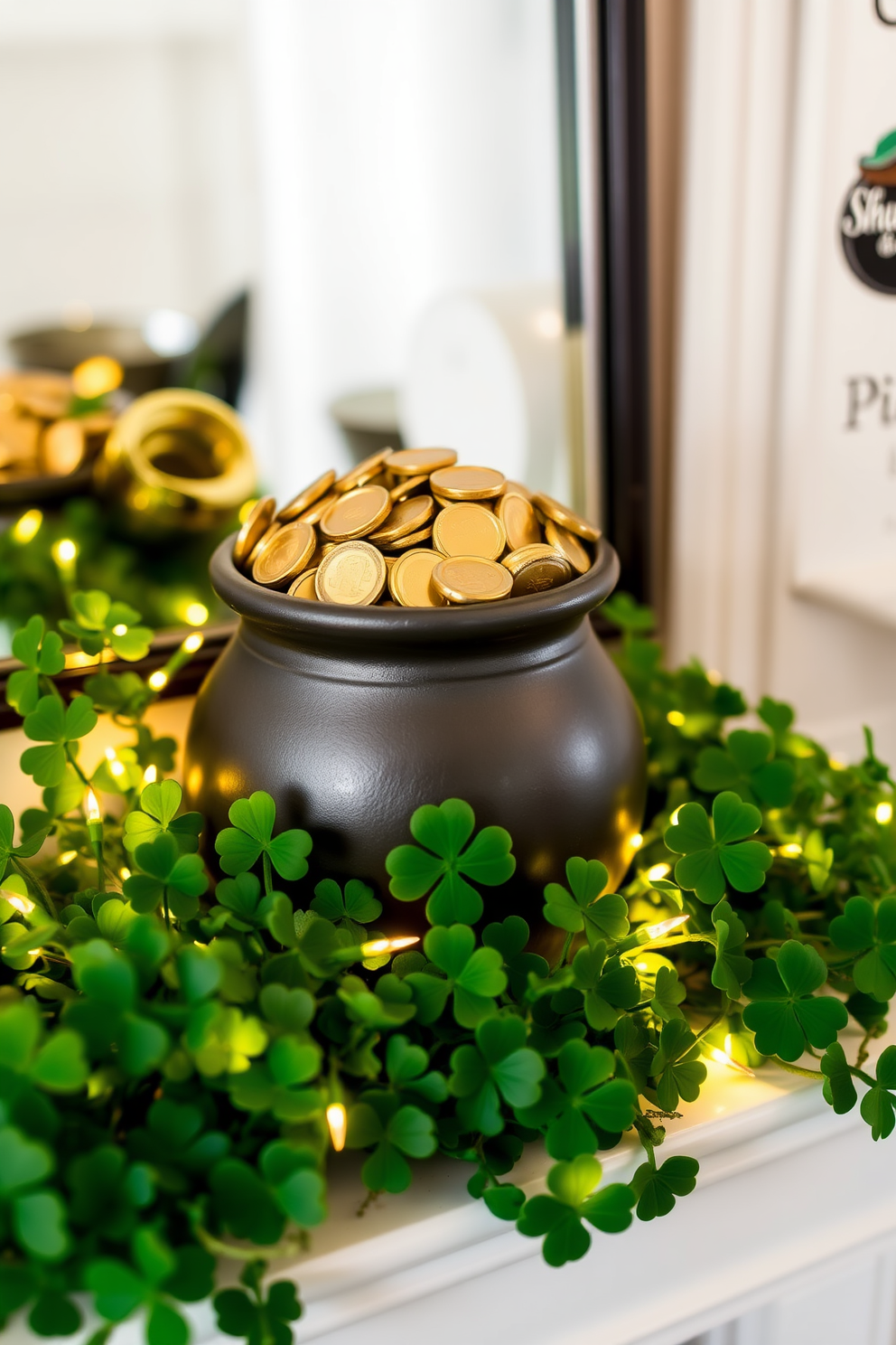 A charming mantel display for St. Patrick's Day featuring a pot of gold overflowing with chocolate coins. Surrounding the pot are lush green shamrocks and delicate fairy lights that create a warm and festive atmosphere.