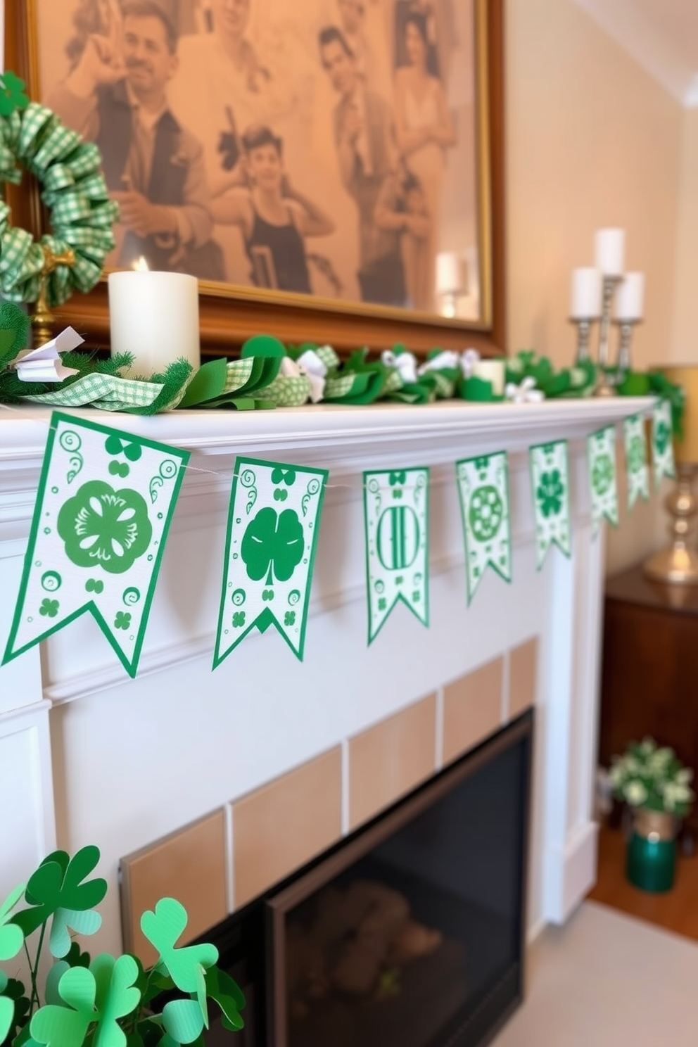 A charming living room adorned for St. Patrick's Day features hanging paper shamrocks gracefully suspended from above the mantel. The mantel is decorated with a vibrant green garland and accented with gold and white candles for a festive touch.