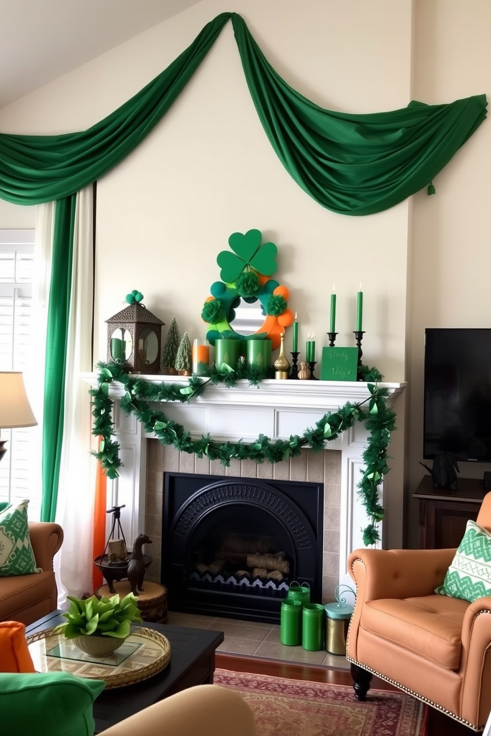 A cozy living room adorned with fabric draping in the colors of the Irish flag. The mantel is decorated with festive St. Patrick's Day accents, including shamrock garlands and green candles.