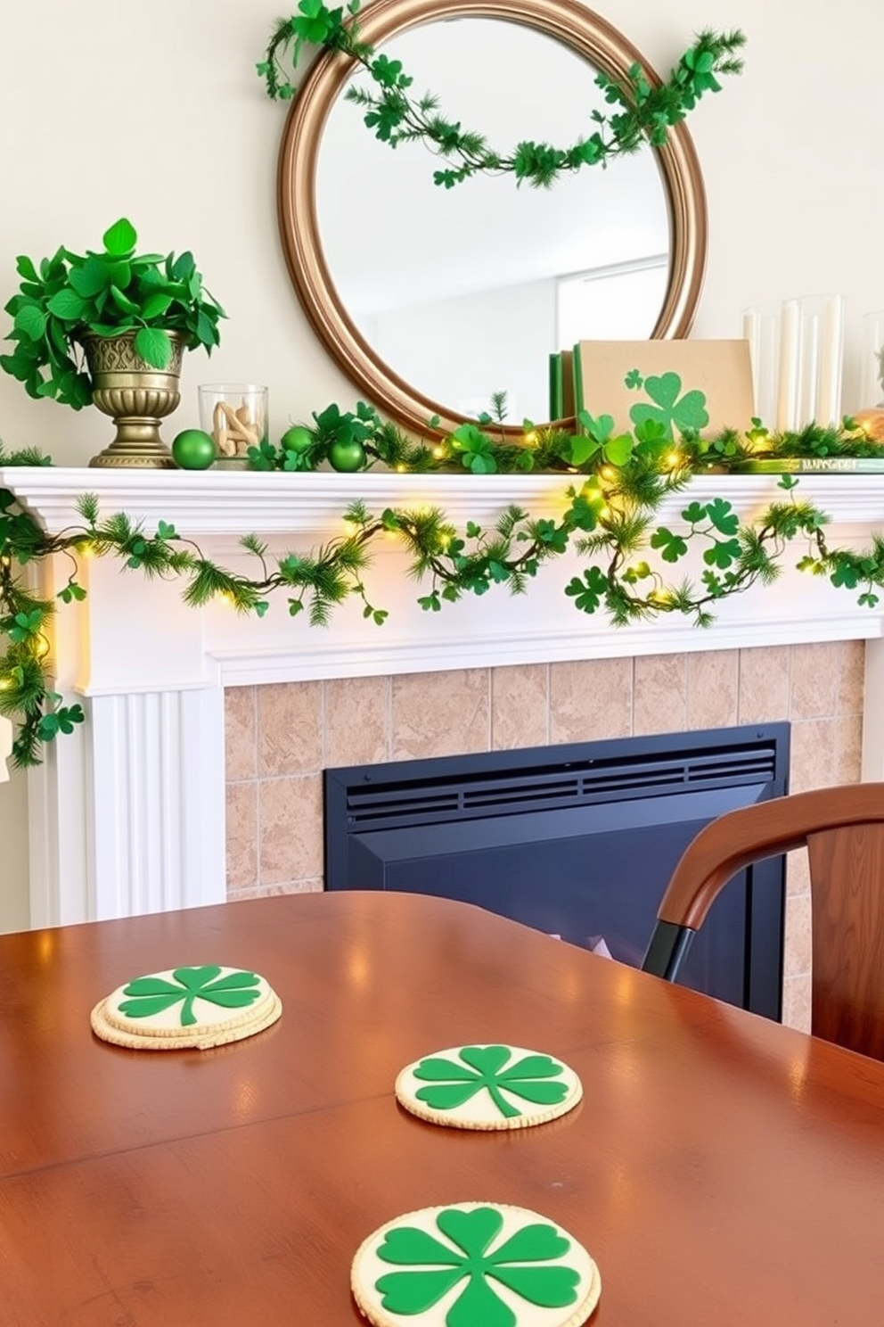 A charming mantel adorned for St. Patrick's Day features elegant candle holders with green accents. The candle holders are arranged alongside festive decorations like shamrocks and gold coins, creating a warm and inviting atmosphere.