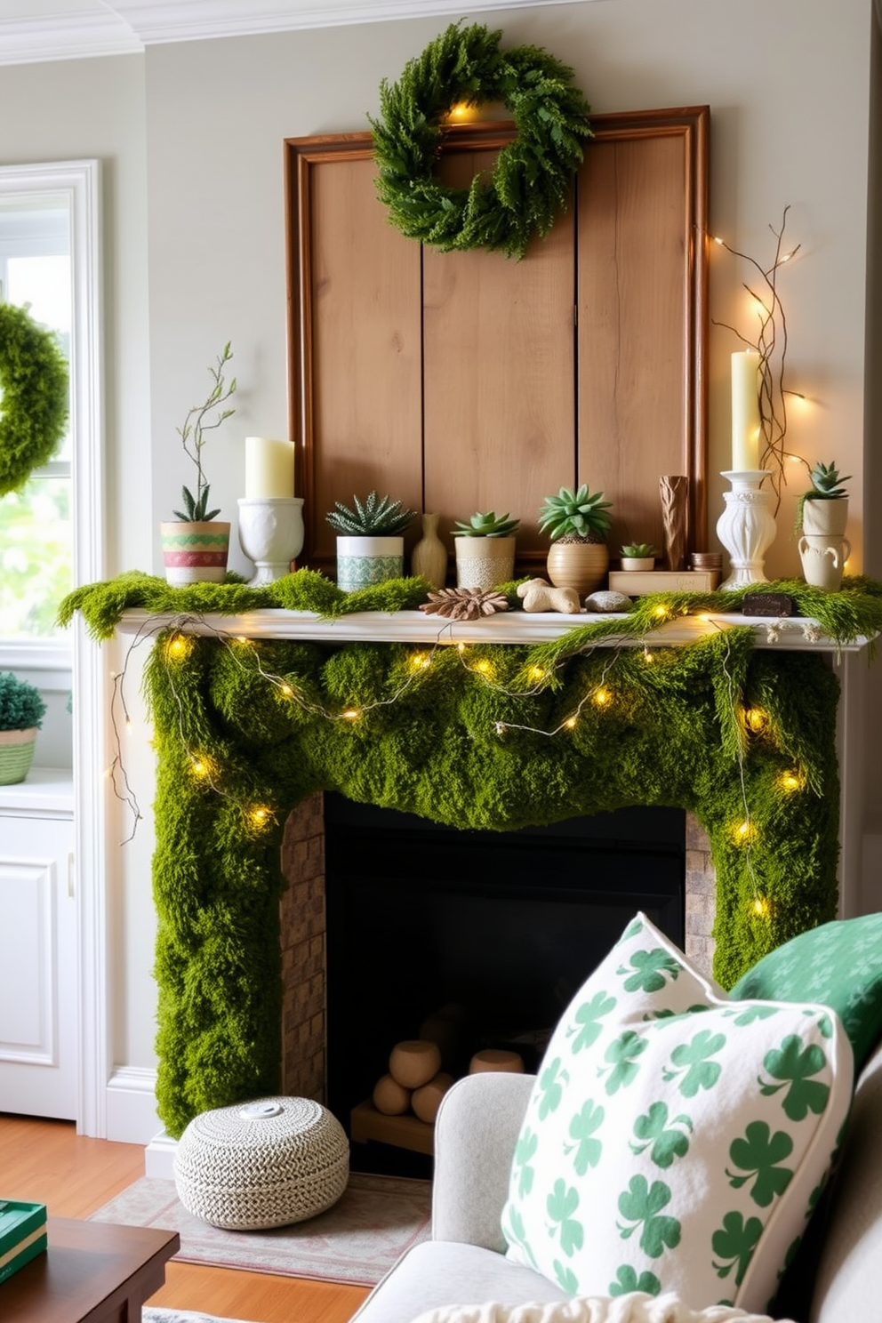 A cozy living room featuring decor elements inspired by the Irish flag colors of green, white, and orange. The mantel is adorned with garlands of shamrocks, candles in varying heights, and framed art that celebrates St. Patrick's Day. A festive table setting showcases green and white tableware with orange accents. Small potted plants and decorative leprechaun figurines add a playful touch to the overall decor.