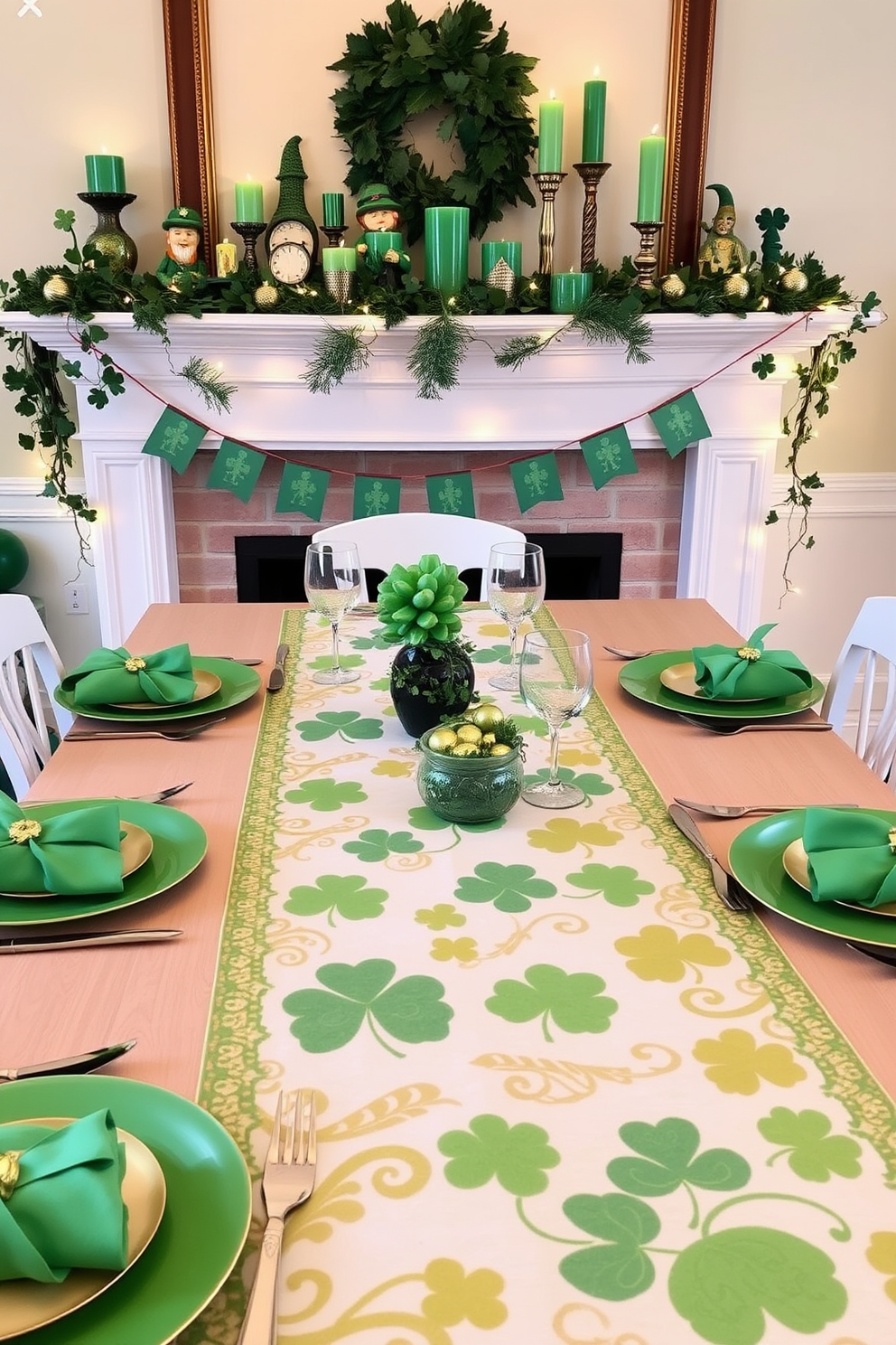 A festive table runner adorned with intricate shamrock patterns stretches across a beautifully set dining table. The runner complements an array of green and gold tableware, creating a vibrant atmosphere for the St. Patrick's Day celebration. On the mantel, a collection of decorative items such as leprechaun figurines and green candles is artfully arranged. Fresh greenery and twinkling fairy lights add a whimsical touch, enhancing the festive spirit of the occasion.