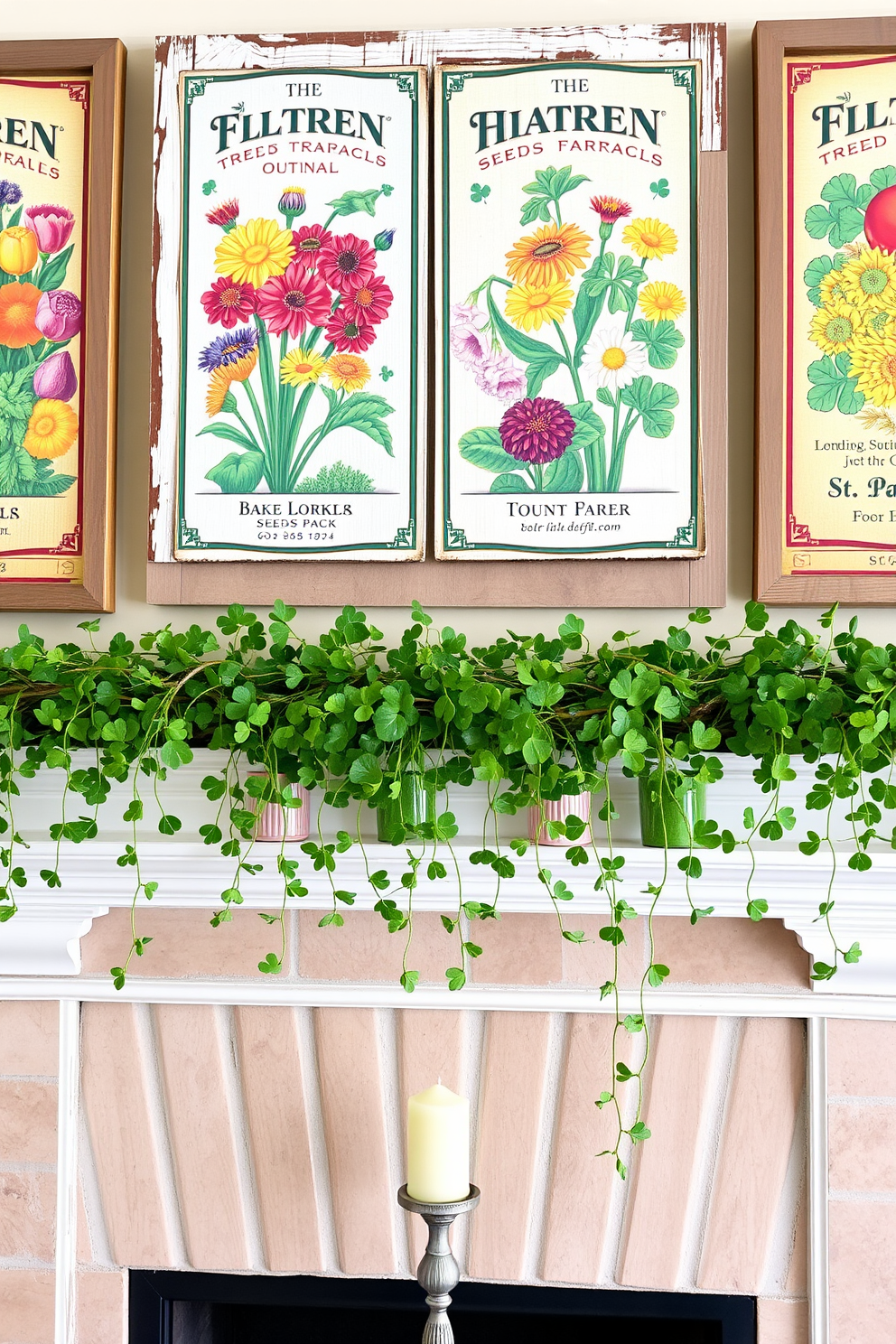 Colorful vintage seed pack banners adorn the walls, showcasing vibrant illustrations of various flowers and vegetables. The banners are framed in distressed wood, adding a rustic charm to the space. A beautifully decorated mantel features a mix of greenery and gold accents for St. Patrick's Day. Delicate shamrock garlands drape elegantly, complemented by small pots of bright green plants and candles in varying heights.