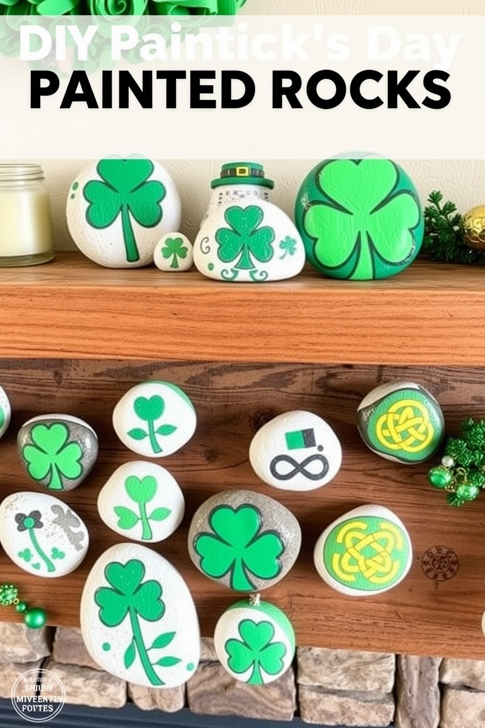 A collection of DIY painted rocks featuring various Irish symbols such as shamrocks, leprechauns, and Celtic knots. These decorative rocks are arranged on a rustic wooden mantel, adorned with green and gold accents for a festive St. Patrick's Day celebration.