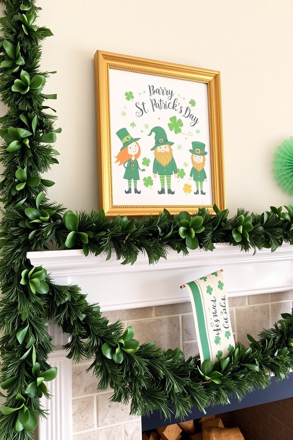 A cozy mantel decorated for St. Patrick's Day showcases seasonal artwork featuring whimsical leprechauns. The artwork is framed in gold and surrounded by lush green garlands, creating a festive and inviting atmosphere.