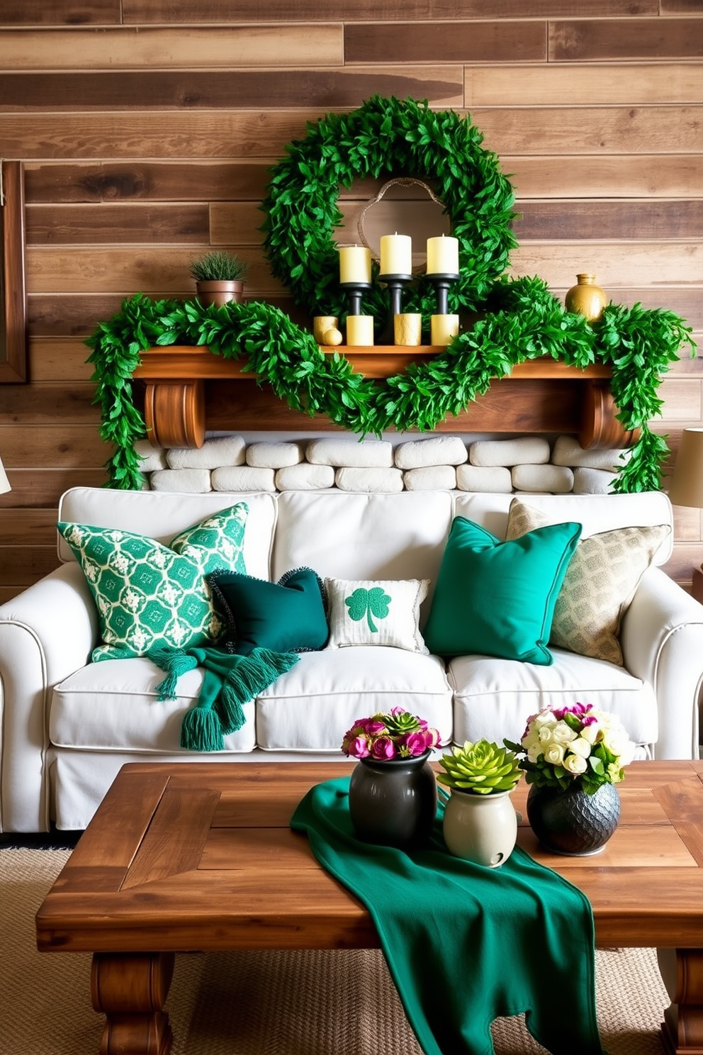 A cozy living room adorned with festive bunting strung across the mantel. The mantel is decorated with green and gold accents, featuring small shamrocks and candles to celebrate St. Patrick's Day.