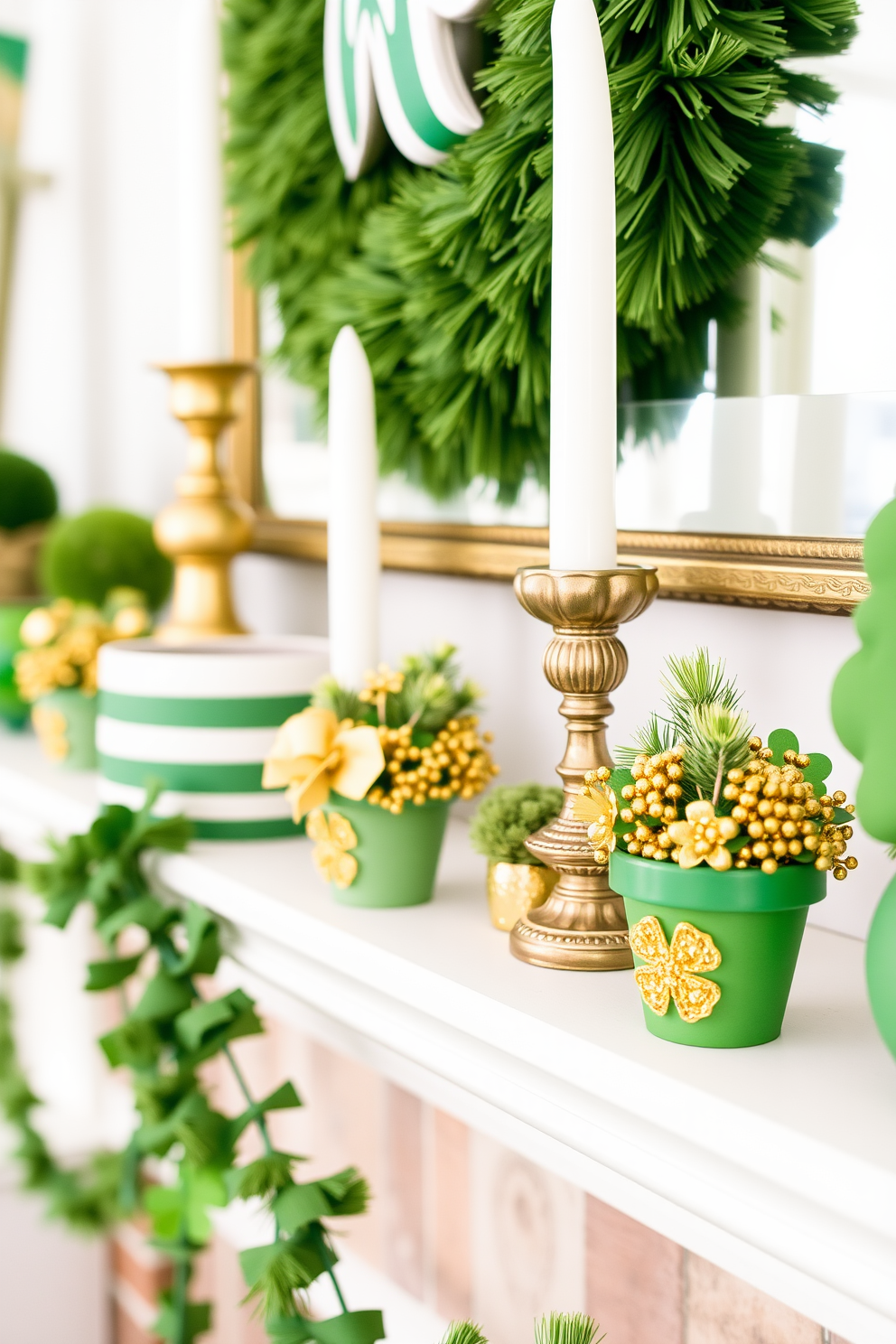 Create a charming mantel display for St. Patrick's Day featuring miniature pots adorned with gold decor. The pots should be arranged in a visually pleasing manner, complemented by green accents and festive elements that evoke the spirit of the holiday.