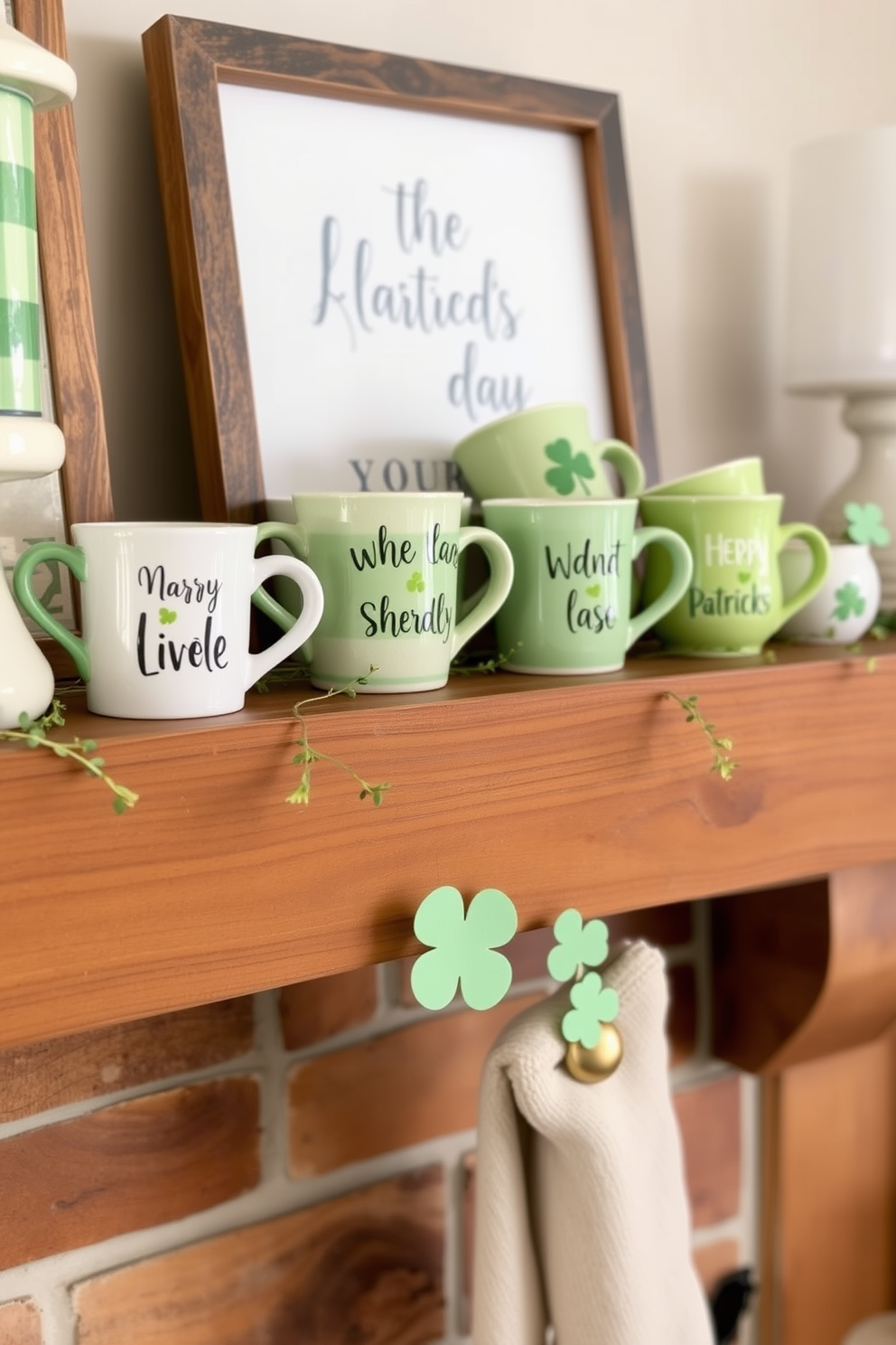 A cozy living room featuring layered textures with various fabrics in shades of green. Soft velvet cushions are arranged on a plush sofa, while a knitted throw adds warmth, complemented by potted plants in different sizes scattered around the room. A beautifully decorated mantel for St. Patrick's Day adorned with green garlands and gold accents. Delicate shamrock ornaments hang alongside candles in elegant holders, creating a festive yet sophisticated atmosphere.