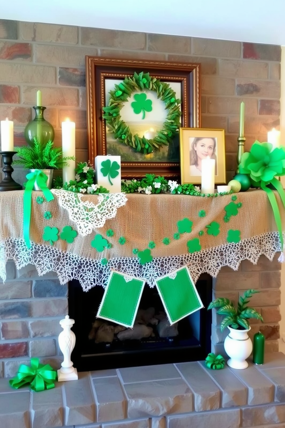 A charming mantel adorned with burlap and lace accents creates a warm and inviting atmosphere for St. Patrick's Day. Delicate lace overlays drape gracefully over rustic burlap, while vibrant green decorations and shamrock motifs enhance the festive spirit.