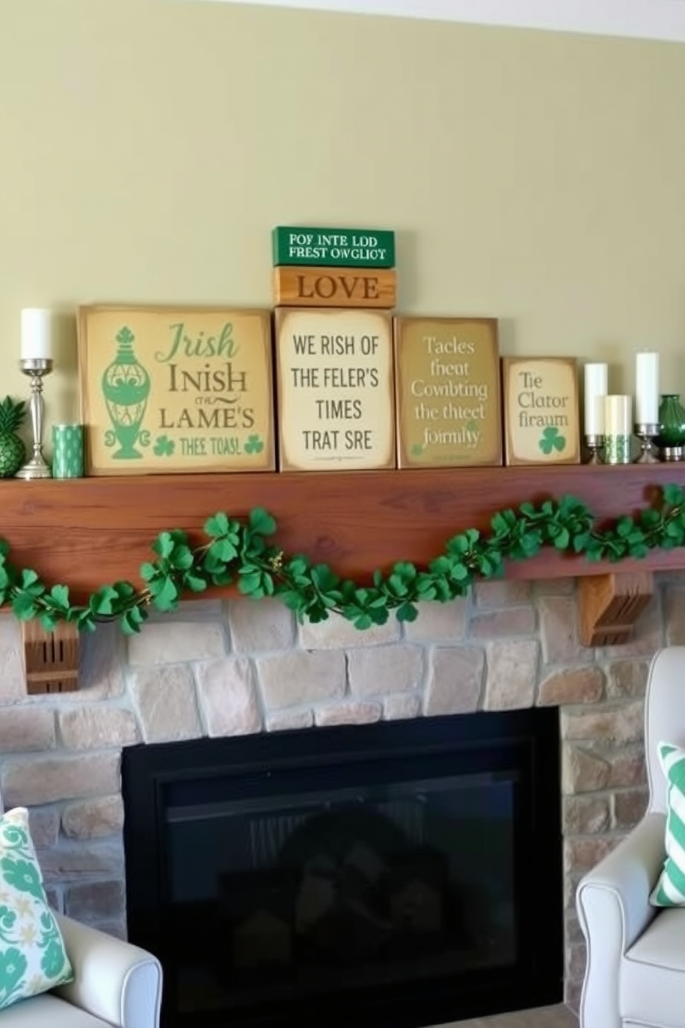 A cozy living room setting featuring a rustic wooden mantel adorned with decorative blocks inscribed with Irish quotes. The mantel is complemented by green and gold accents, including a garland of shamrocks and candles in elegant holders, creating a festive atmosphere for St. Patrick's Day.