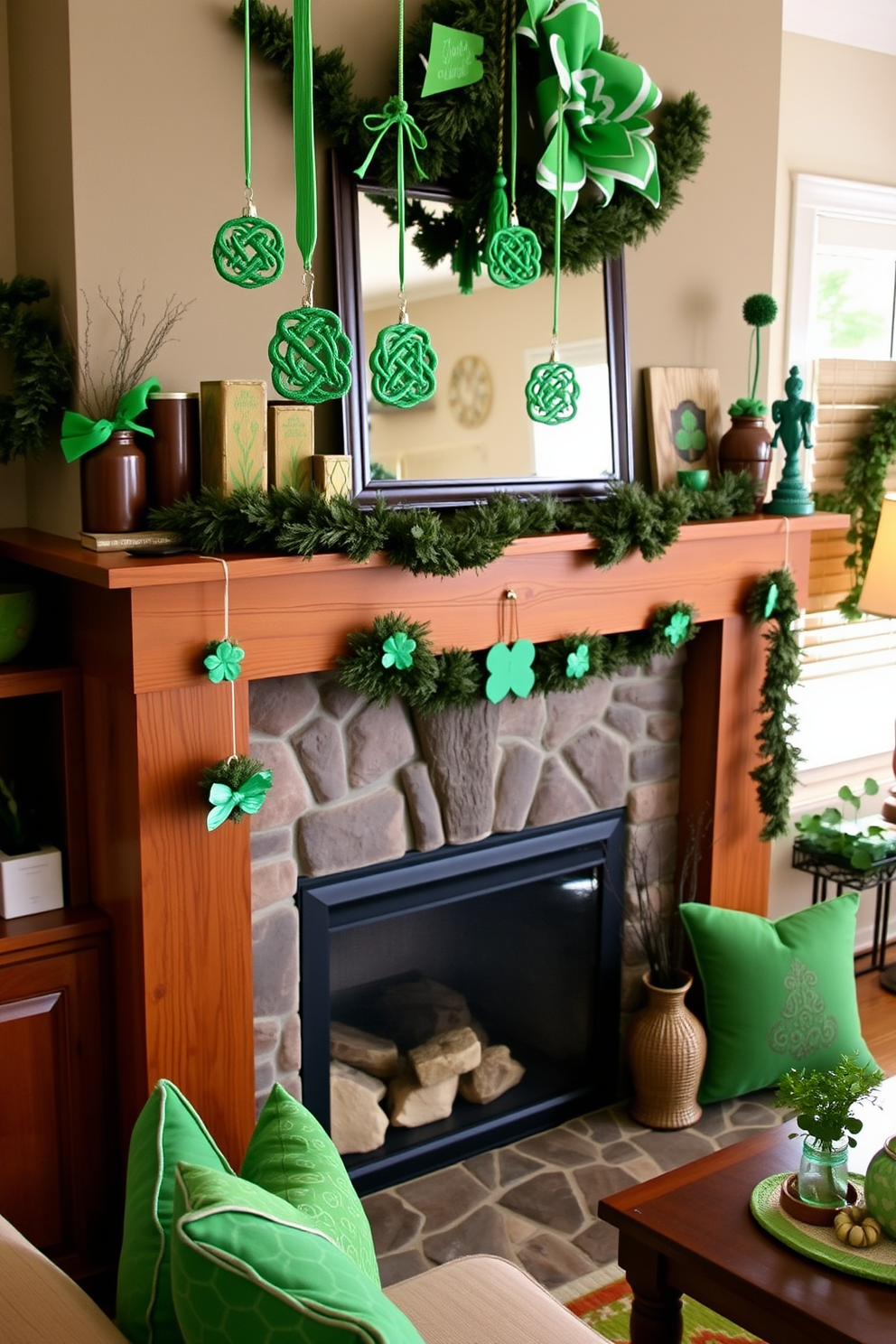 A cozy living room adorned for St. Patrick's Day features a rustic mantel decorated with Celtic knot ornaments hanging gracefully. The warm wood tones of the mantel complement the vibrant green accents, creating a festive and inviting atmosphere.