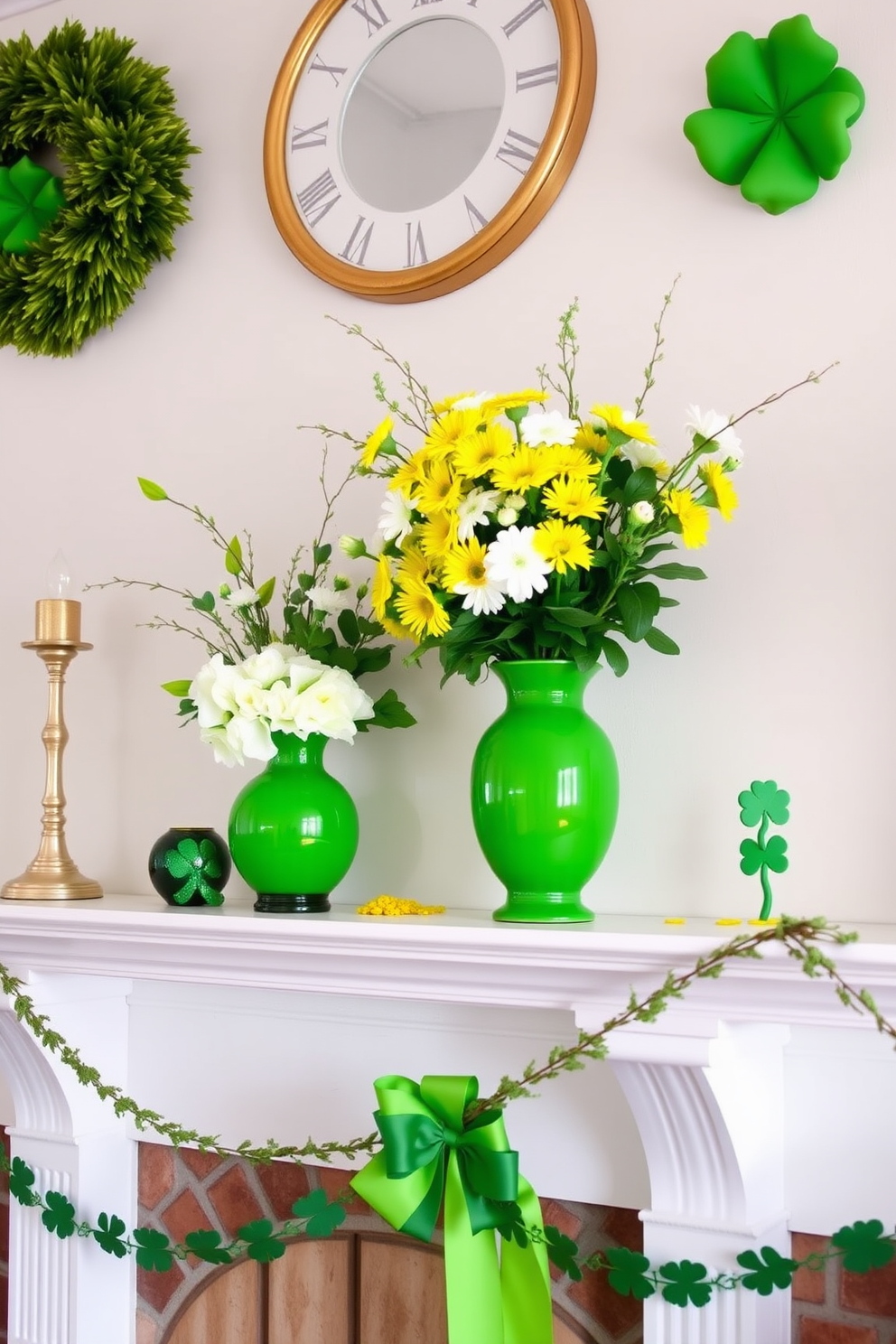 A cozy living room adorned for St. Patrick's Day features a beautifully decorated mantel. Celtic knot ornaments hang gracefully from the mantel, complemented by lush green garlands and twinkling fairy lights.