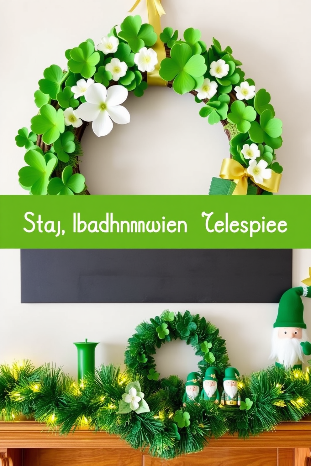 Create a charming DIY shamrock wreath centerpiece for a festive St. Patrick's Day celebration. The wreath should be adorned with vibrant green shamrocks, white flowers, and a touch of gold ribbon for an elegant finish. Design a beautifully decorated mantel that captures the spirit of St. Patrick's Day. Incorporate elements like green garlands, twinkling fairy lights, and decorative leprechauns to create a warm and inviting atmosphere.