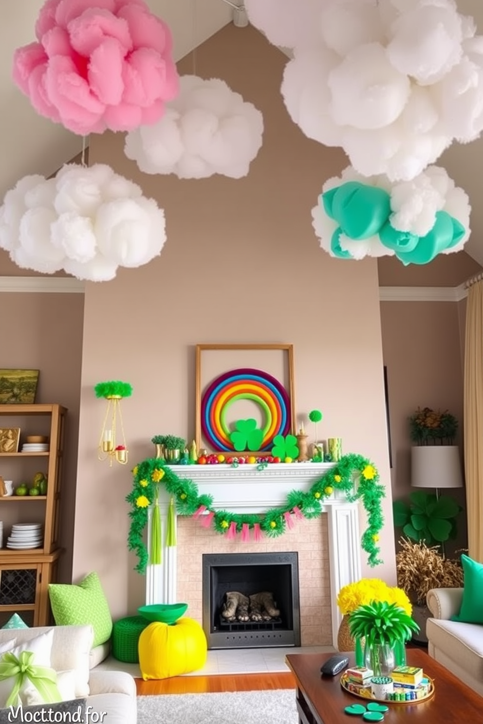 A cozy living room scene featuring a fireplace mantel adorned with burlap and green fabric layering. The burlap drapes elegantly across the mantel, complemented by vibrant green accents and festive St. Patrick's Day decorations.