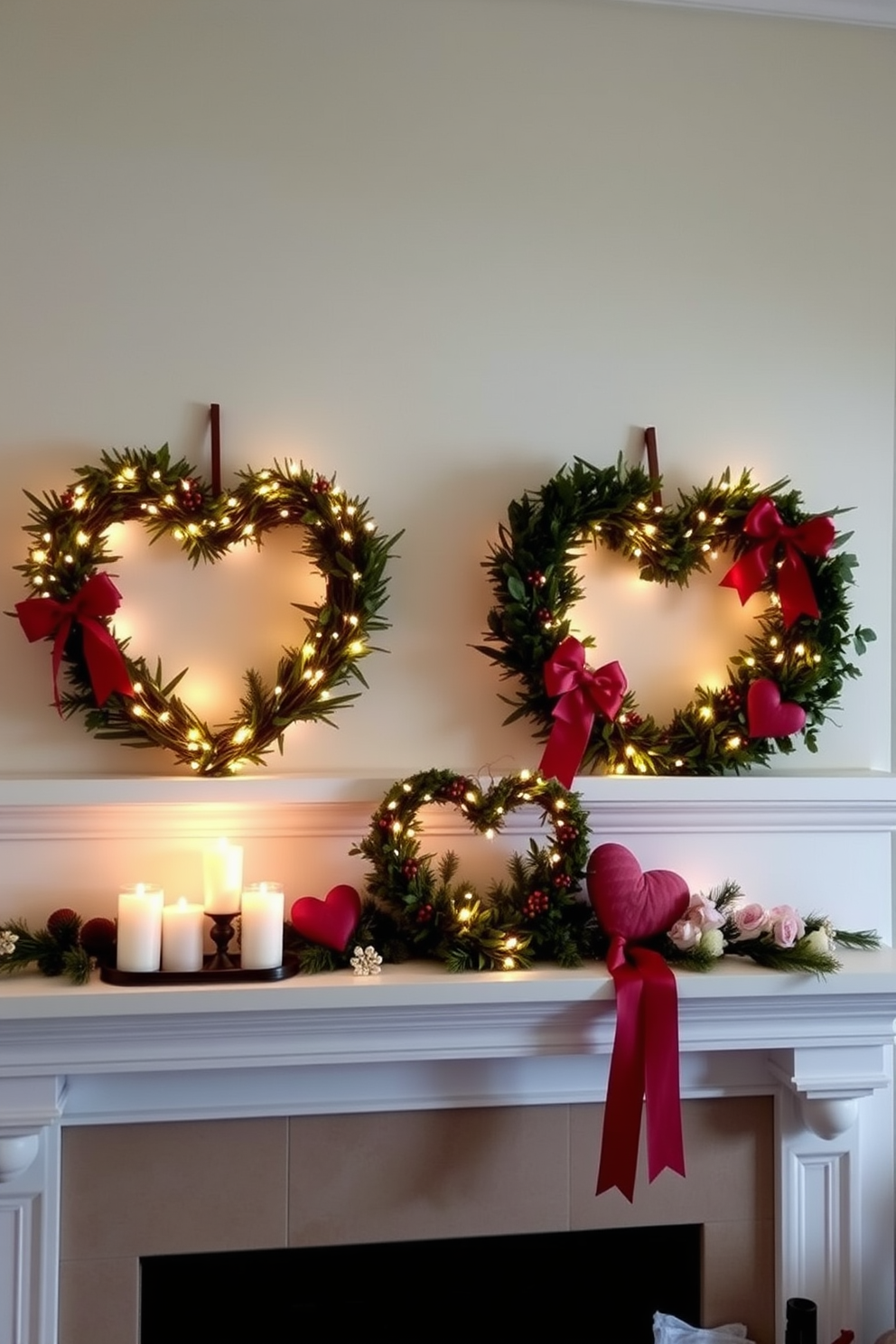 Create a romantic mantel display for Valentine's Day featuring heart shaped wreaths adorned with delicate fairy lights. Arrange the wreaths thoughtfully on the mantel, complemented by soft candles and seasonal decor to enhance the festive atmosphere.