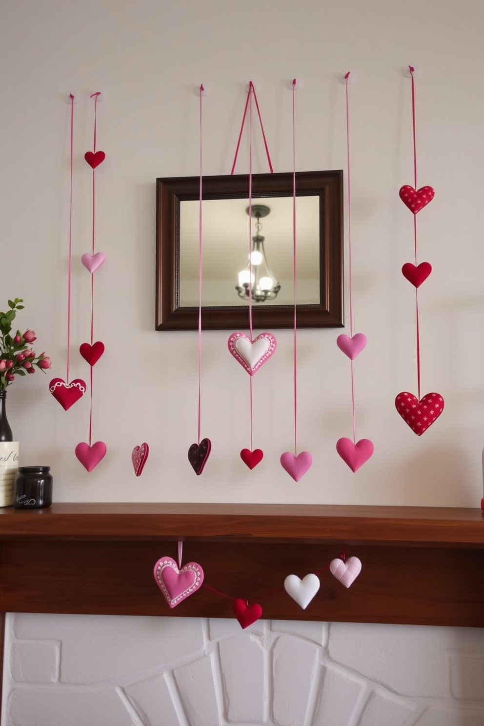 A charming mantel adorned with hanging heart decorations creates a warm and inviting atmosphere. The hearts, crafted from various materials, dangle gracefully at different lengths, adding a playful touch to the Valentine's Day decor.