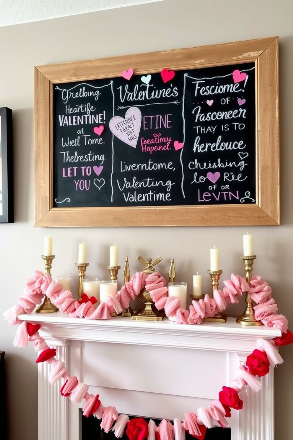 A charming display of chalkboard art featuring heartfelt Valentine messages. The chalkboard is framed in rustic wood and adorned with colorful pastel decorations. A beautifully styled mantel decorated for Valentine's Day. The mantel is draped with soft pink and red garlands, complemented by an array of candles and love-themed accents.