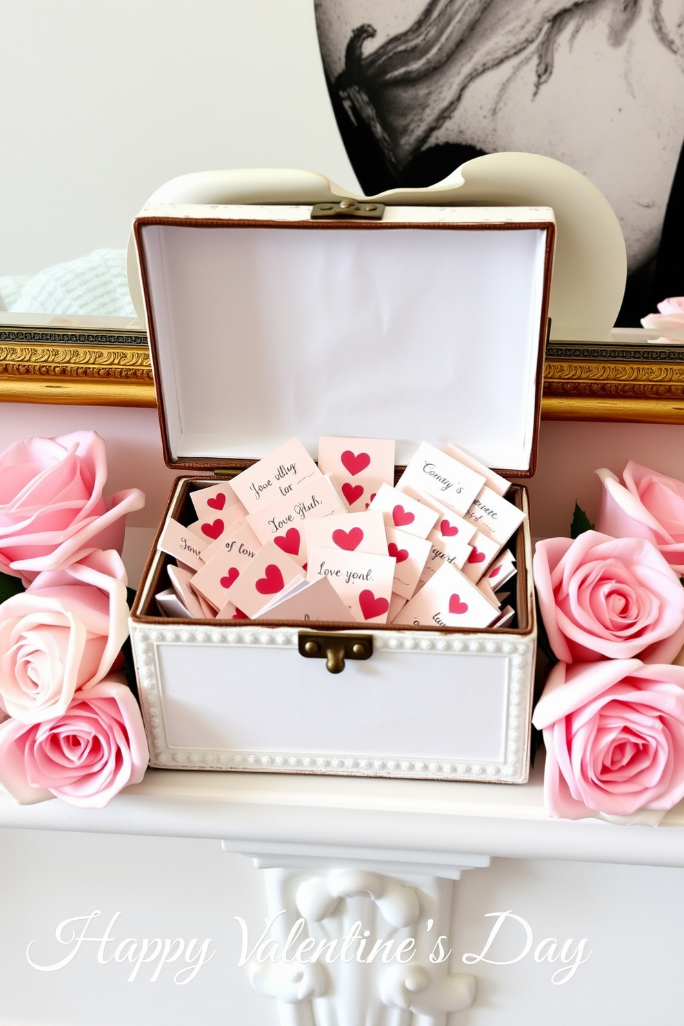 A decorative box filled with miniature love letters sits elegantly on a mantel. Surrounding the box are soft pink and white roses, creating a romantic atmosphere for Valentine's Day.