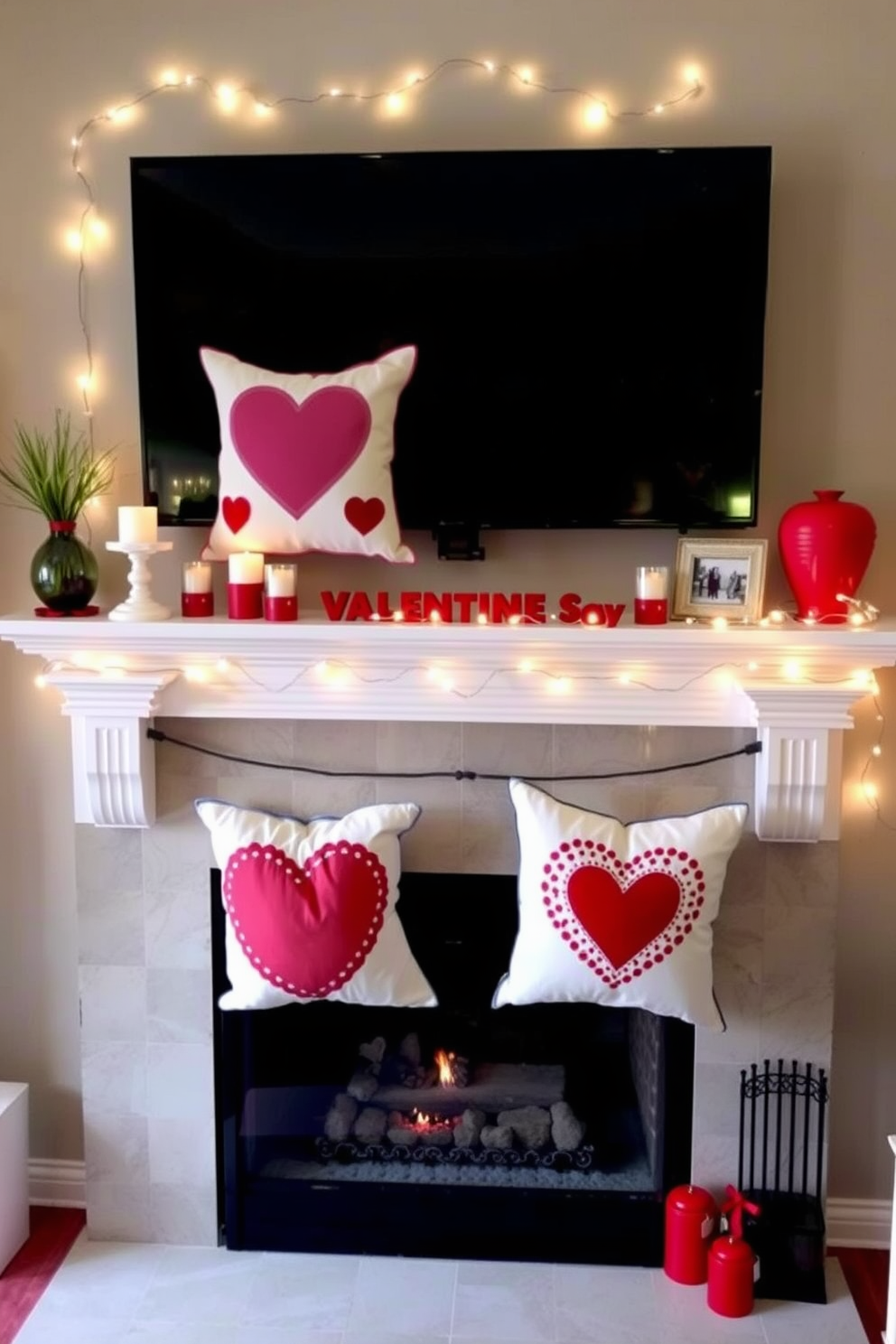 Create a cozy living room scene featuring a fireplace mantel decorated for Valentine's Day. The mantel is adorned with seasonal throw pillows that showcase heart designs in various shades of red and pink. On the mantel, there are small decorative items like candles and framed photos that evoke a warm and inviting atmosphere. Soft fairy lights are draped along the top, adding a touch of sparkle to the romantic setting.