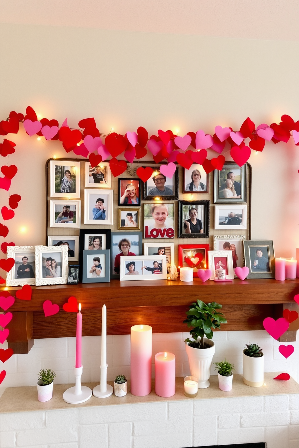 A cozy DIY photo collage of loved ones is displayed on a wooden mantel, featuring an assortment of framed pictures in various sizes. The collage is accented with soft fairy lights that add a warm glow, creating a heartfelt atmosphere for Valentine's Day. Surrounding the collage, festive Valentine's Day decorations include red and pink heart-shaped garlands draped elegantly across the mantel. A collection of candles in varying heights and colors adds a romantic touch, while small potted plants bring a fresh, lively element to the arrangement.