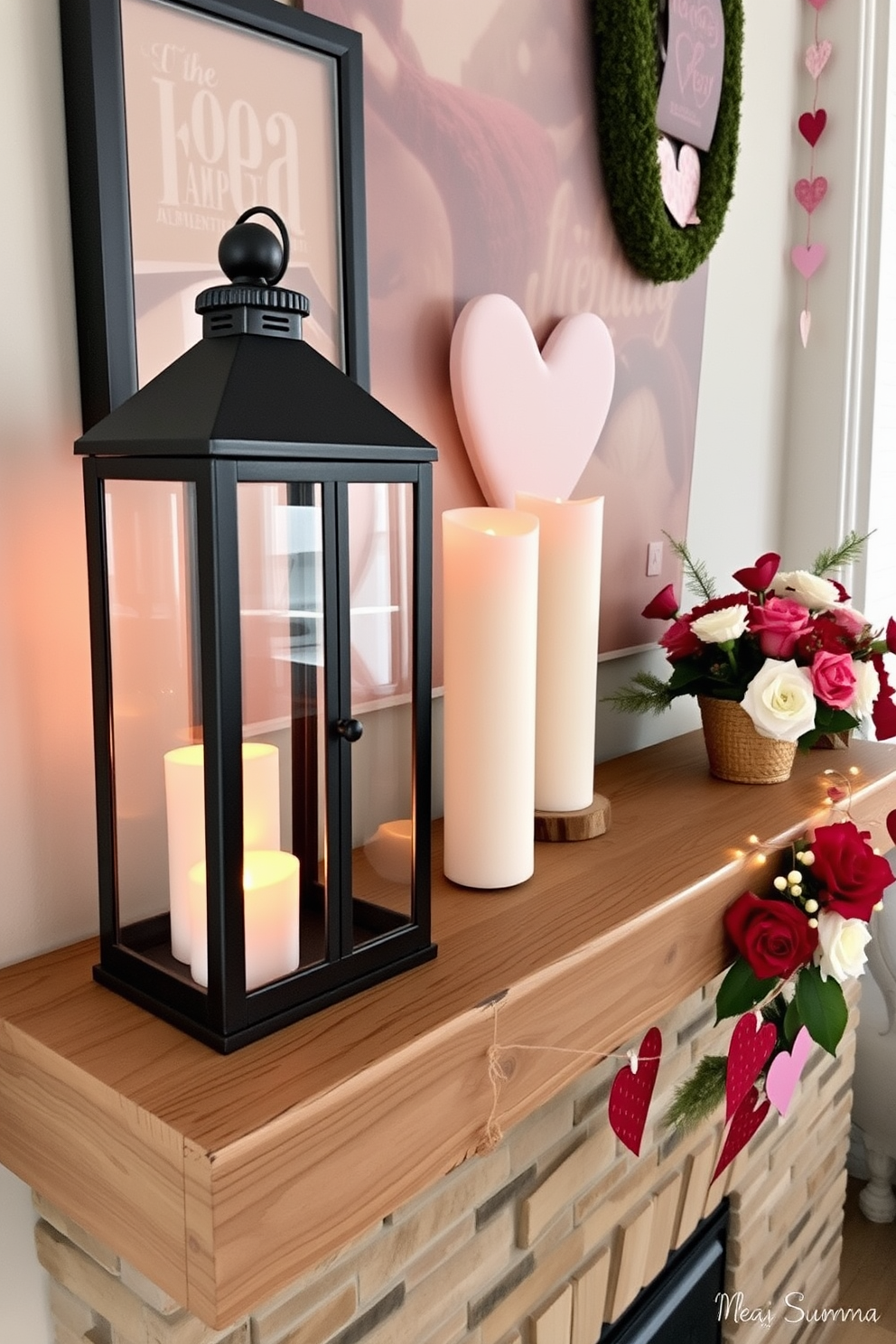 Create a cozy living room setting featuring decorative lanterns with battery candles placed on a rustic wooden mantel. The soft glow of the candles creates an inviting atmosphere, complemented by seasonal Valentine's Day decorations such as heart-shaped garlands and fresh flowers.