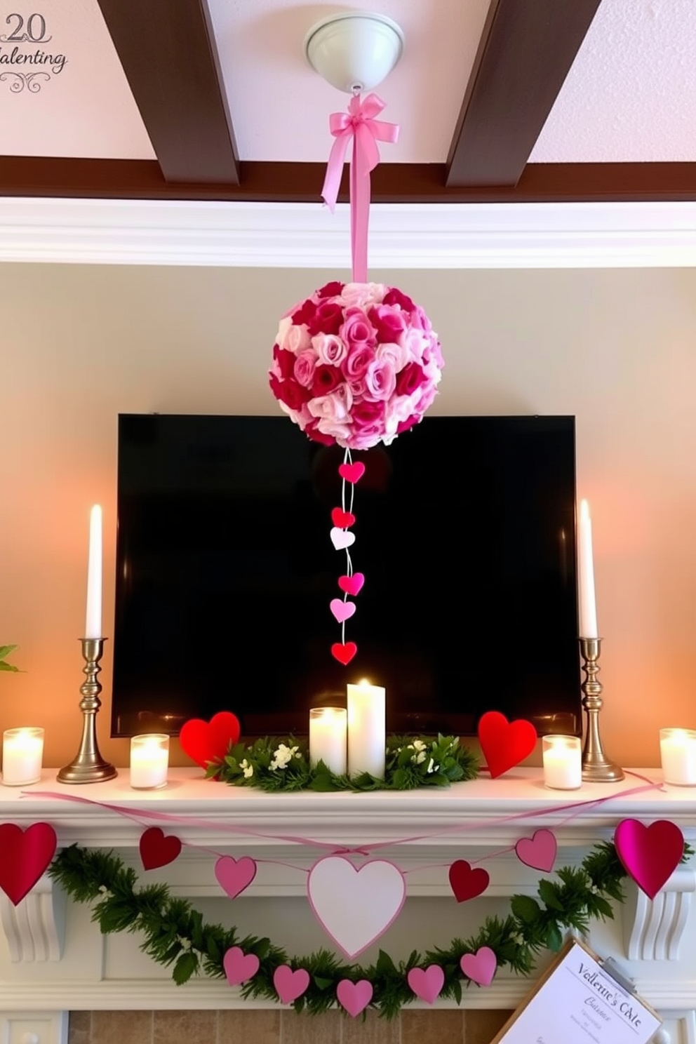 A charming mantel decorated for Valentine's Day features a kissing ball made of faux flowers. The kissing ball hangs elegantly above the mantel, surrounded by soft candlelight and heart-themed accents.