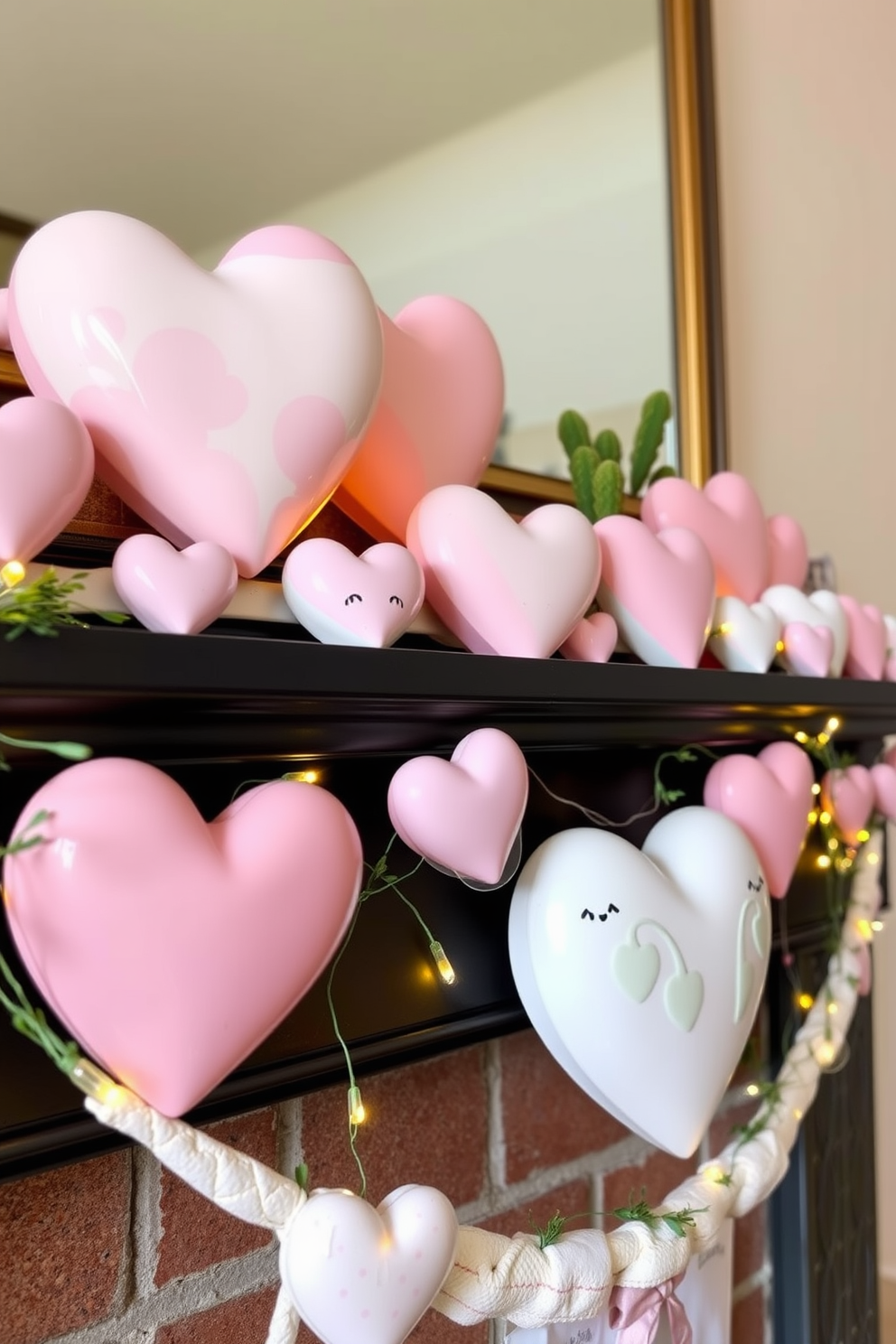 A charming mantel decorated for Valentine's Day features ceramic hearts in assorted sizes, arranged artfully to create a warm and inviting atmosphere. The hearts are painted in soft pastel colors, complemented by twinkling fairy lights and delicate greenery intertwined along the mantelpiece.