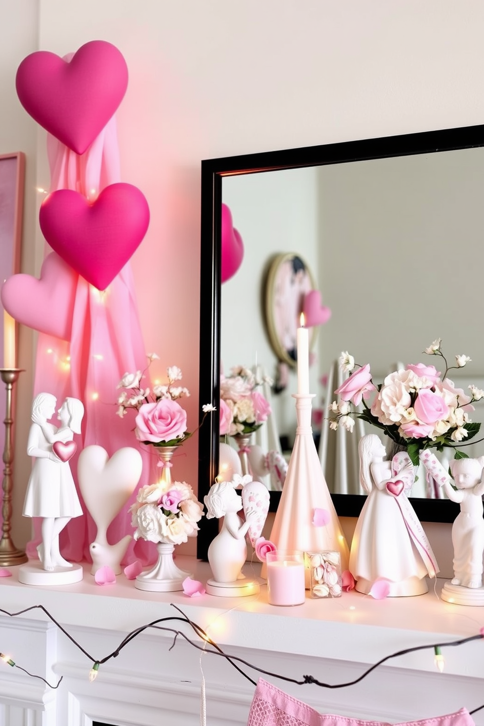 Create a cozy and inviting mantel decorated for Valentine's Day. Festive banners spelling out love hang gracefully across the mantel, complemented by an assortment of heart-shaped decorations and candles in varying heights.