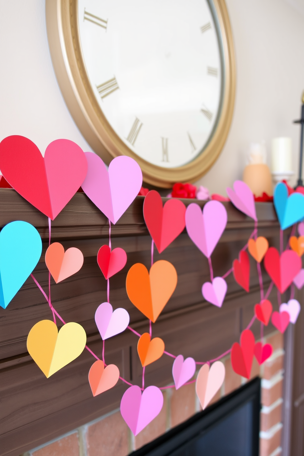 Create a charming mantel display for Valentine's Day featuring colorful paper hearts strung together as garland. The hearts should be in various sizes and vibrant colors, adding a festive touch to the cozy setting.