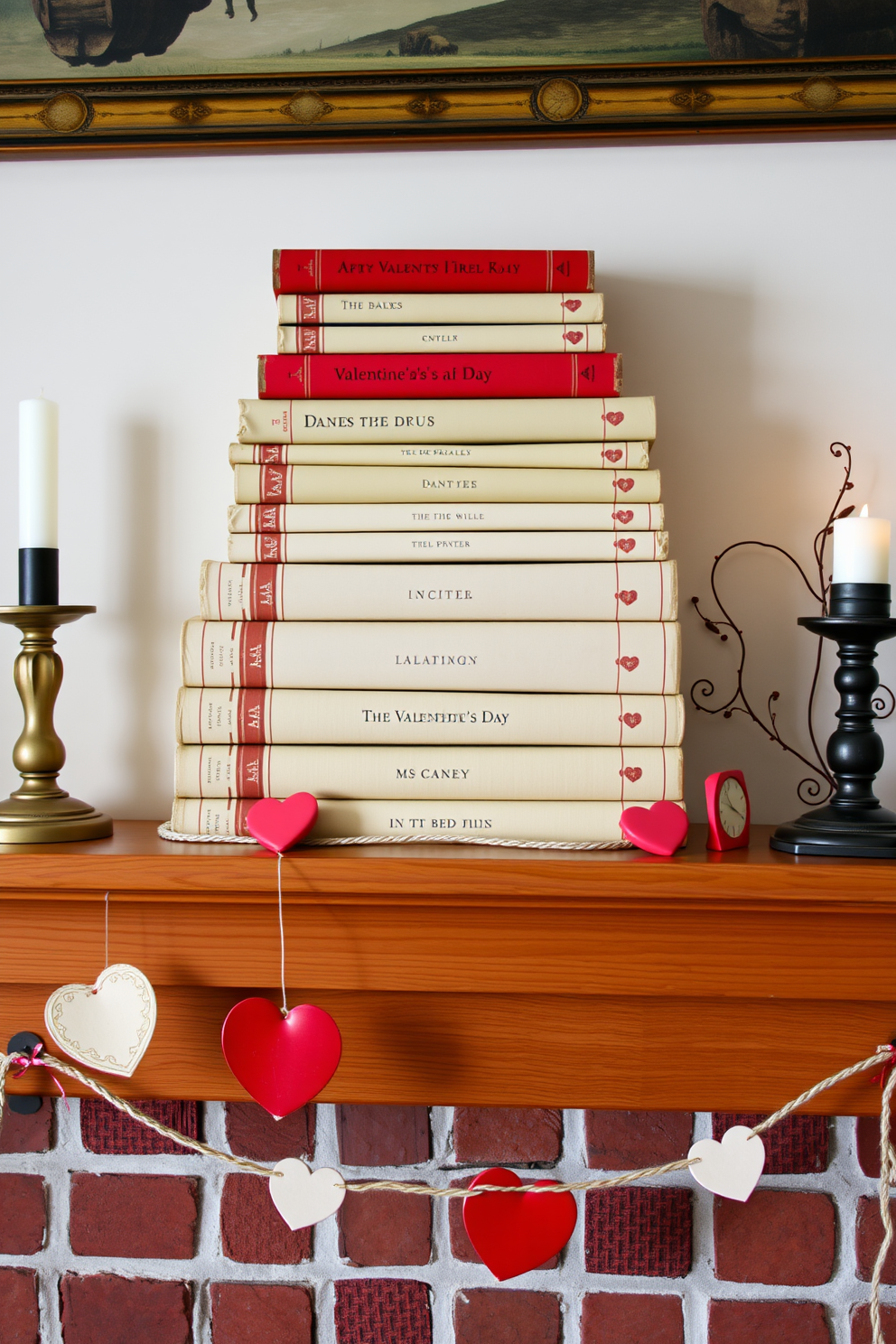 A cozy mantel adorned with vintage books stacked neatly, featuring vibrant red accents that pop against the warm wood. Delicate heart-shaped decorations and soft candlelight create a charming Valentine's Day atmosphere, inviting warmth and nostalgia.