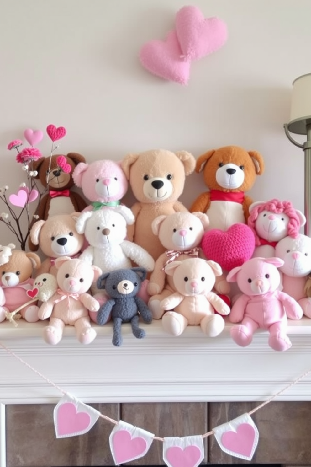 Create a whimsical display featuring a variety of stuffed animals arranged on a cozy mantel. Incorporate soft pastel colors and playful accents to evoke a cheerful atmosphere for Valentine's Day.