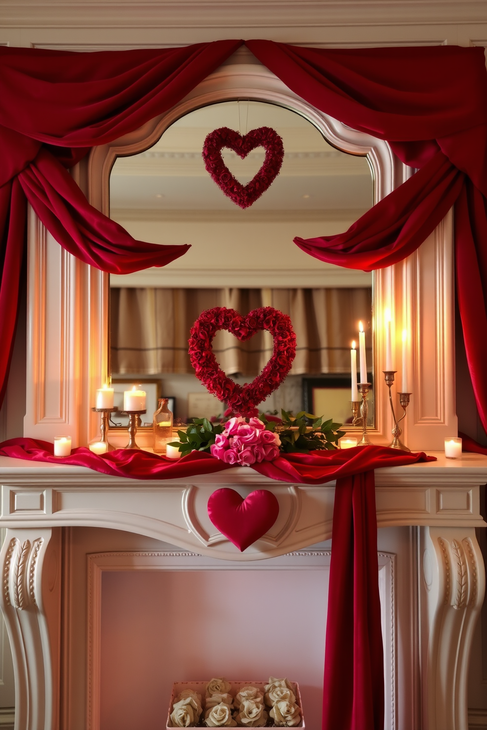 A luxurious mantel adorned with rich red velvet fabric elegantly draped across its surface. The decor features romantic Valentine's Day elements such as delicate candles and fresh roses arranged thoughtfully for a warm ambiance.