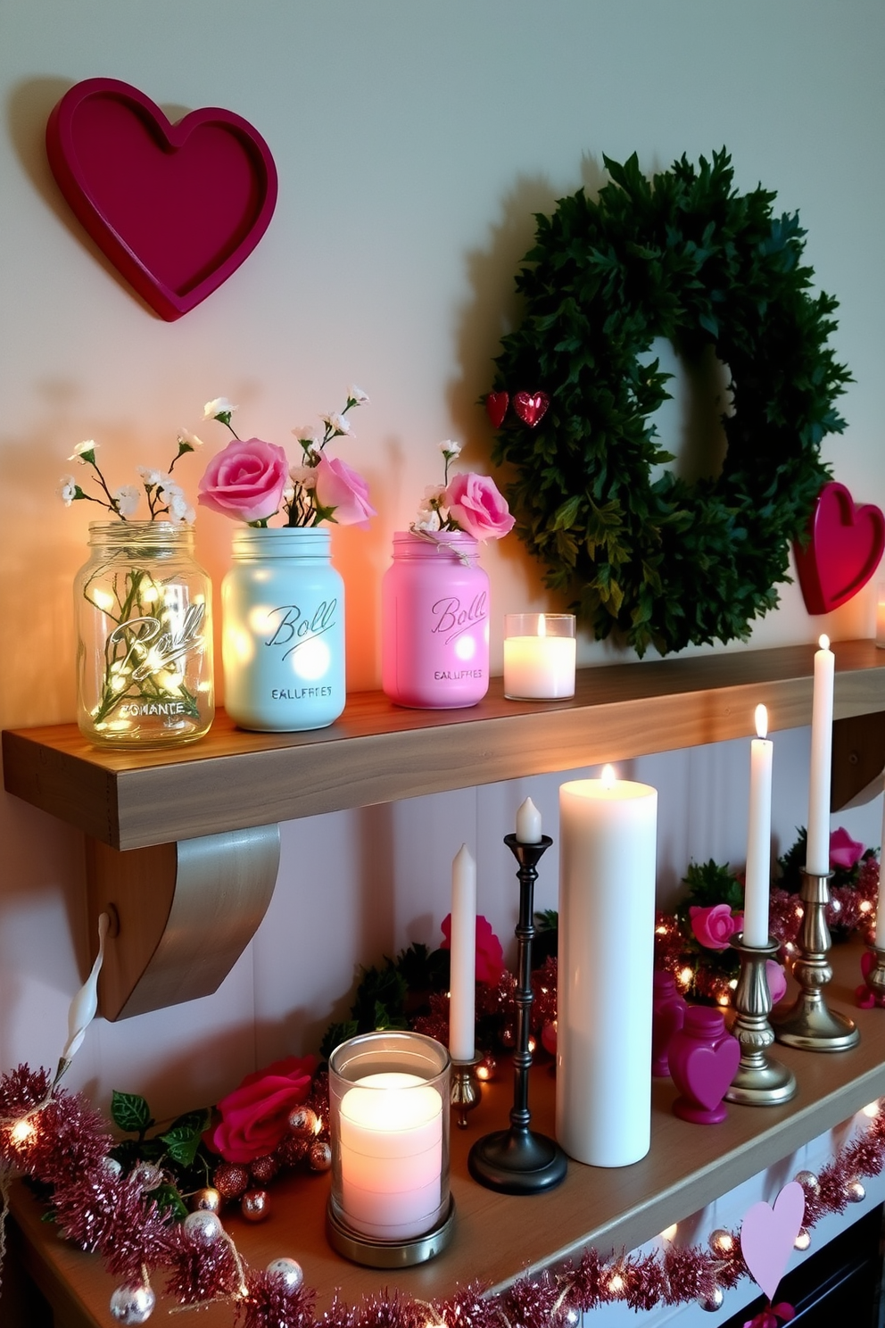 A charming display of mason jars painted in soft romantic colors sits on a rustic wooden shelf. Each jar is filled with delicate flowers and twinkling fairy lights, creating a warm and inviting atmosphere. The mantel is adorned with heart-themed decorations and festive garlands for Valentine's Day. Candles of varying heights are placed among the décor, casting a soft glow that enhances the romantic ambiance.