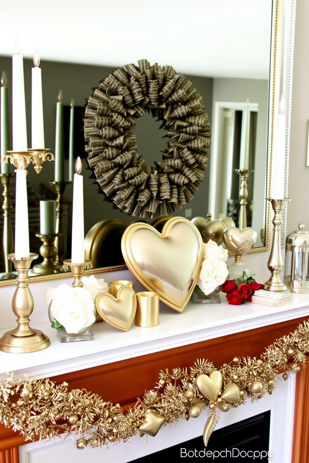 Create a romantic mantel display for Valentine's Day featuring metallic accents in gold and silver. Incorporate elegant candle holders, heart-shaped decorations, and fresh flowers to enhance the festive atmosphere.