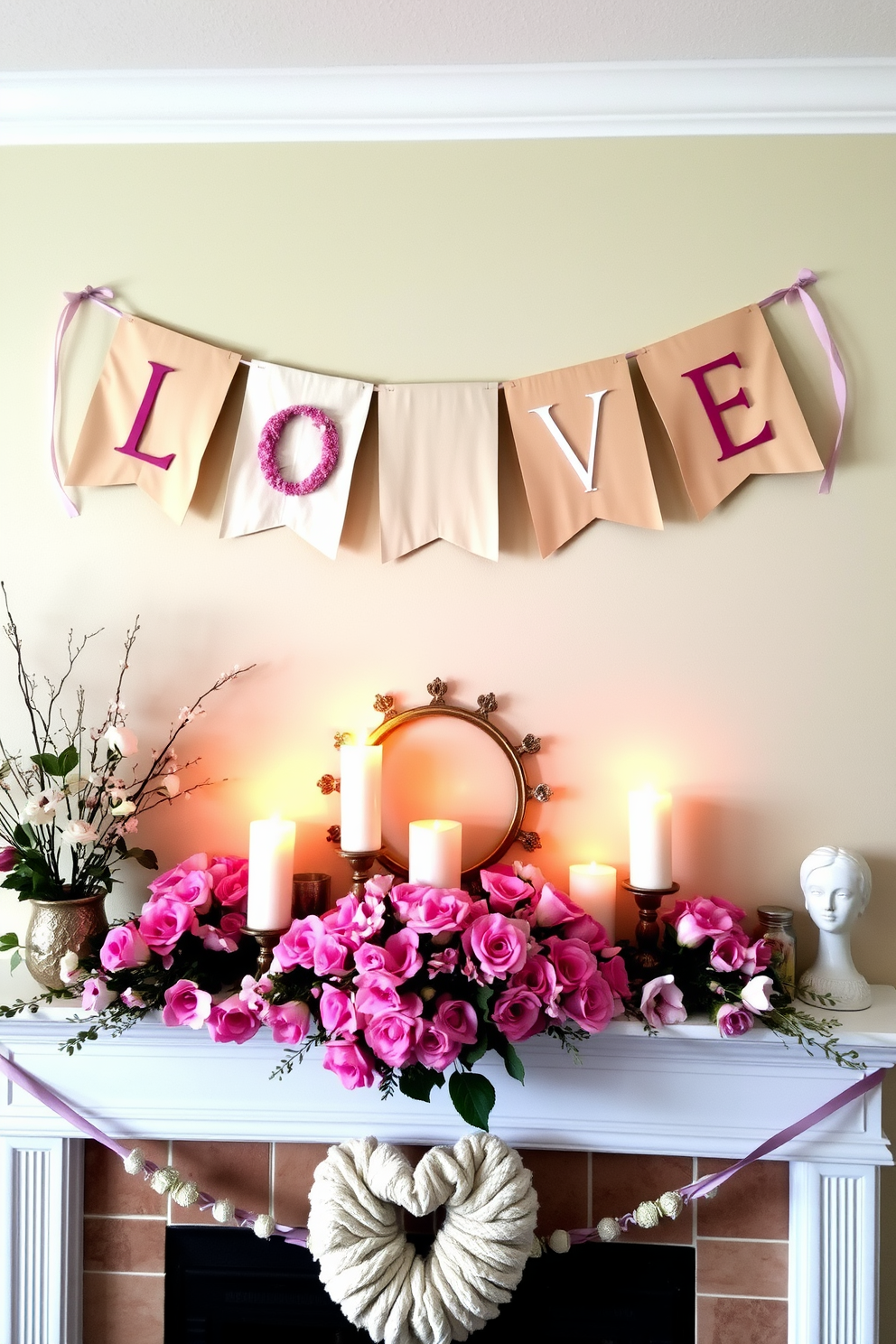 Seasonal banners spelling out love hang gracefully above a beautifully decorated mantel. The mantel is adorned with an array of romantic accents, including flickering candles and fresh flowers in soft pink hues.