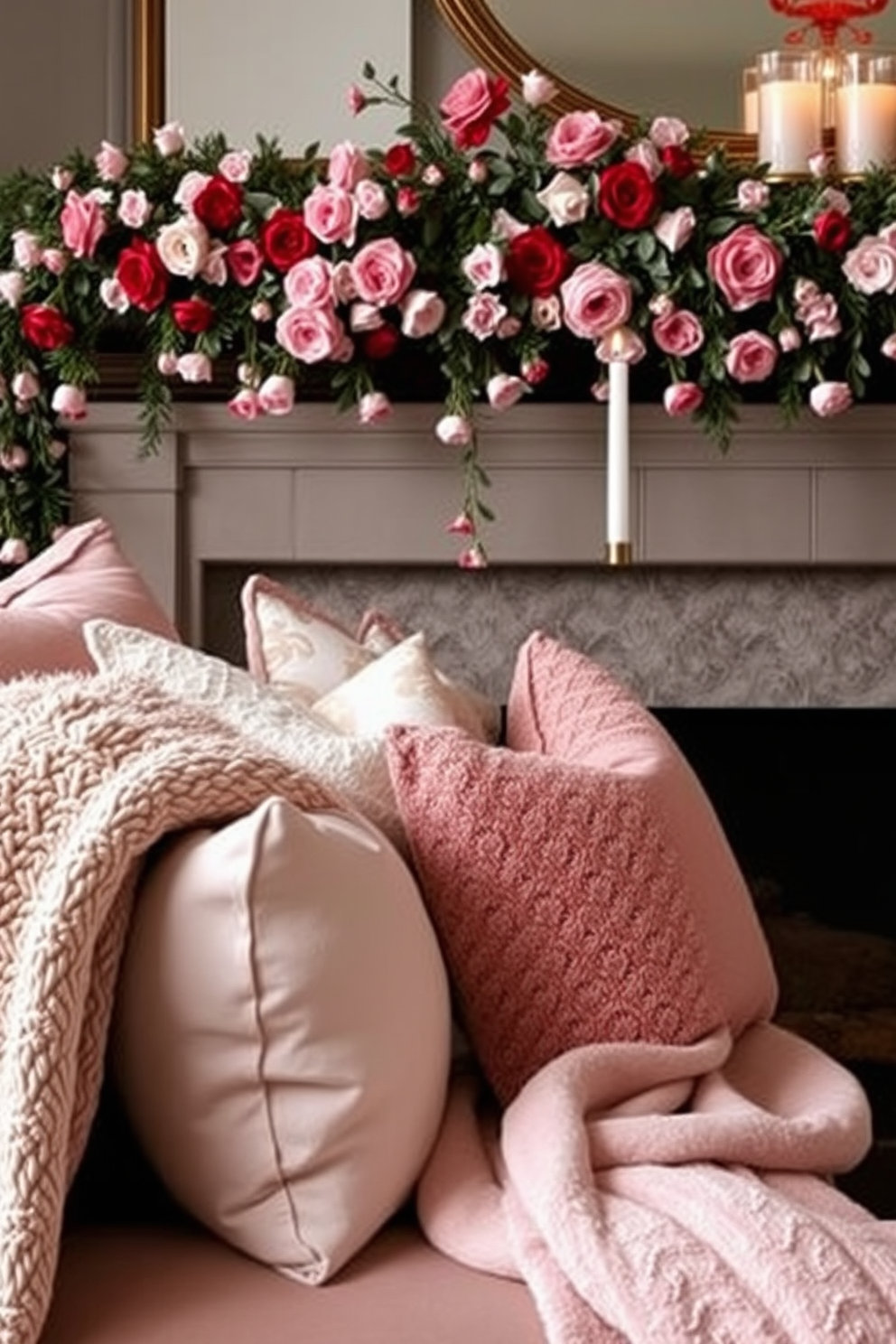 Layered textures create a cozy atmosphere in a living room featuring a plush sofa adorned with knitted throws in various shades of cream and taupe. A rustic wooden mantel is beautifully decorated with Valentine's Day accents, including heart-shaped garlands and soft pink candles. The knitted throws drape elegantly over the arm of the sofa, inviting warmth and comfort. The mantel showcases a charming arrangement of seasonal decor, including fresh flowers and delicate figurines that celebrate love and affection.