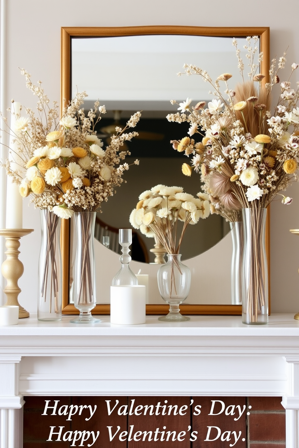 Elegant vases filled with dried flowers stand gracefully on a beautifully styled mantel. The soft colors of the dried blooms complement the warm tones of the wood, creating a cozy and inviting atmosphere for Valentine's Day.