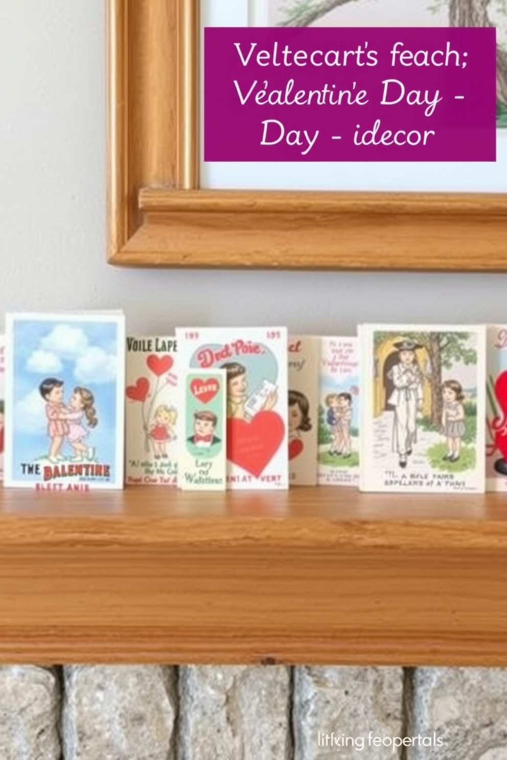 A charming display of vintage postcards arranged in a row on a wooden mantel. Each postcard features unique illustrations and colors, creating a nostalgic atmosphere perfect for Valentine's Day decor.