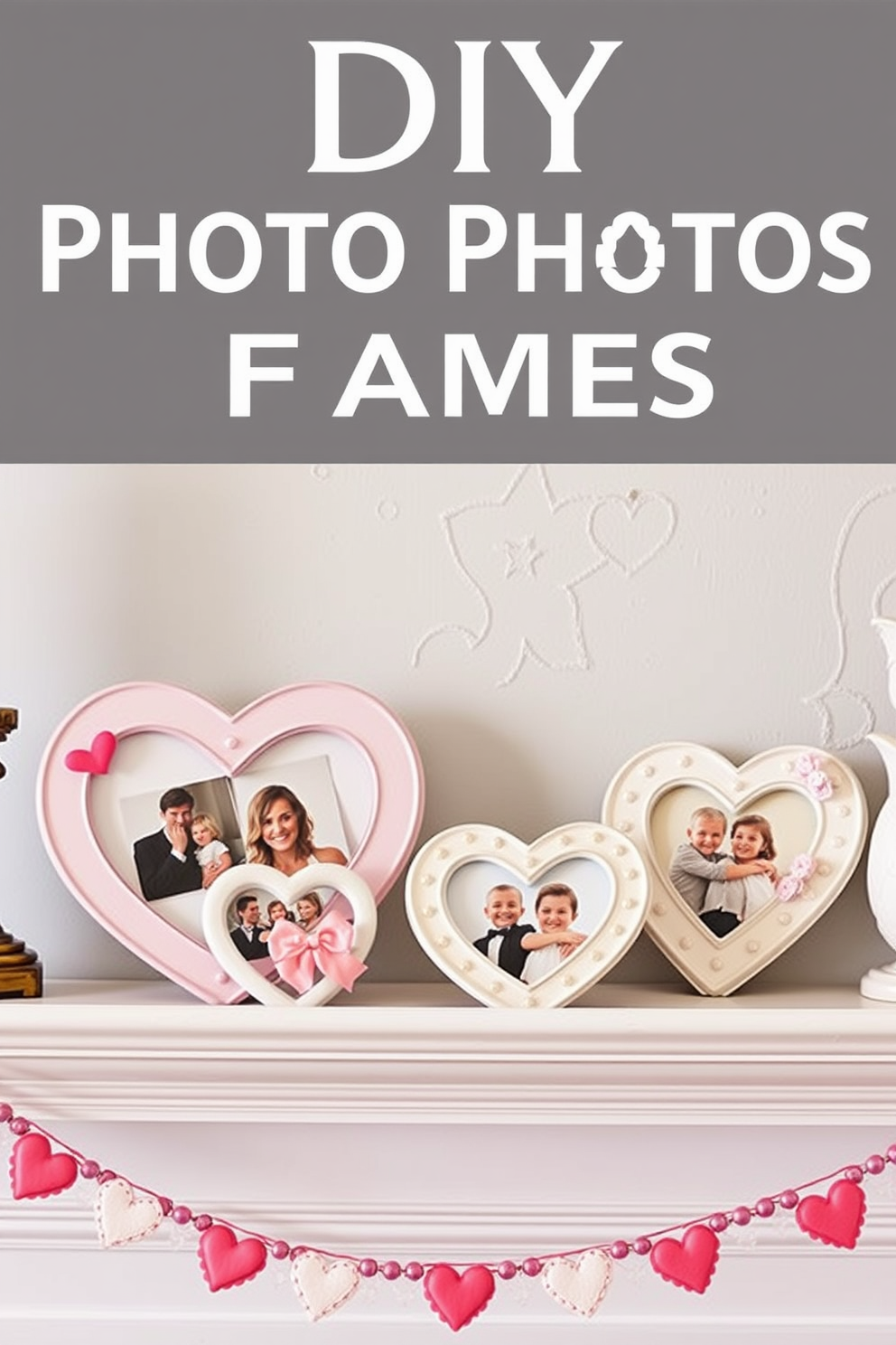 Create a charming scene featuring DIY heart-shaped photo frames arranged on a mantel. The frames are filled with cherished memories and adorned with delicate embellishments, perfect for a Valentine's Day theme.