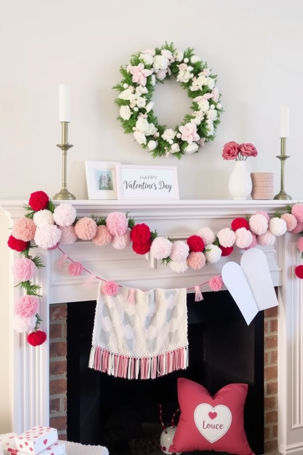 A charming mantel adorned with a pom pom garland creates a festive atmosphere for Valentine's Day. The soft colors of the garland complement the warm tones of the mantel, enhancing the cozy feel of the space.