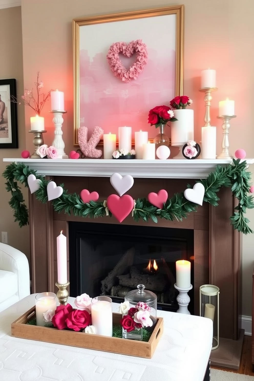 A cozy living room setting adorned with seasonal scents from decorative candles. The mantel is beautifully decorated for Valentine's Day with an array of heart-themed ornaments and fresh flowers. Soft pink and red accents complement the warm glow of the candles, creating a romantic atmosphere. A stylish garland drapes across the mantel, adding a touch of elegance to the festive display.