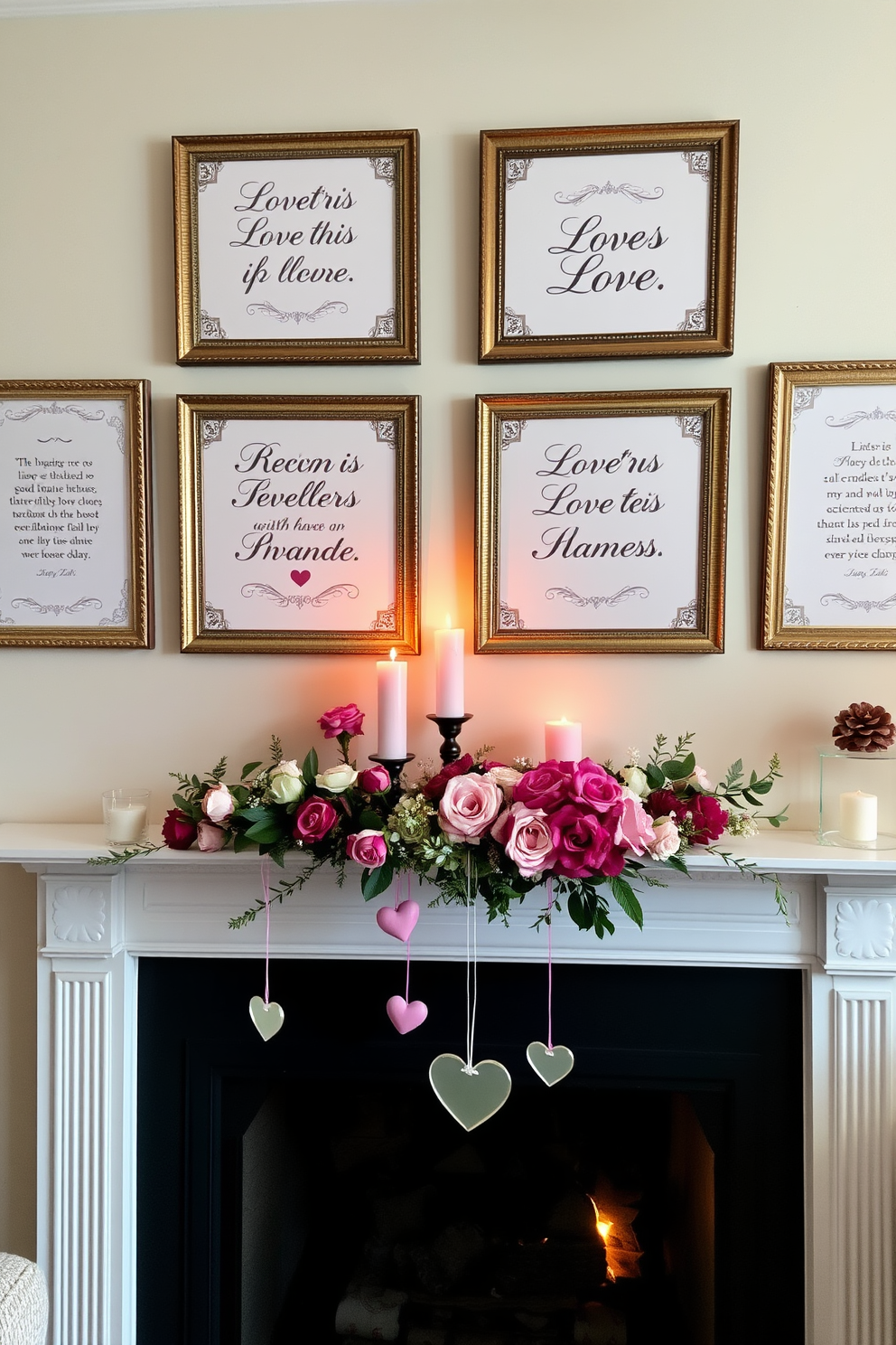 Framed love quotes in elegant frames adorn the walls of a cozy living room. Each frame features intricate detailing, with soft pastel colors that complement the warm lighting in the space. The mantel is beautifully decorated for Valentine's Day, showcasing a mix of romantic candles and fresh flowers. Delicate heart-shaped ornaments hang gracefully, adding a touch of whimsy to the overall design.