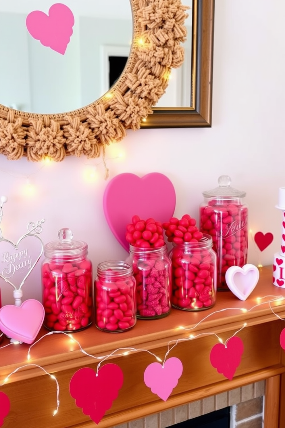 A charming mantel decorated for Valentine's Day features an assortment of glass jars filled with vibrant red candies. The jars are arranged alongside heart-shaped decor and delicate fairy lights, creating a warm and inviting atmosphere.