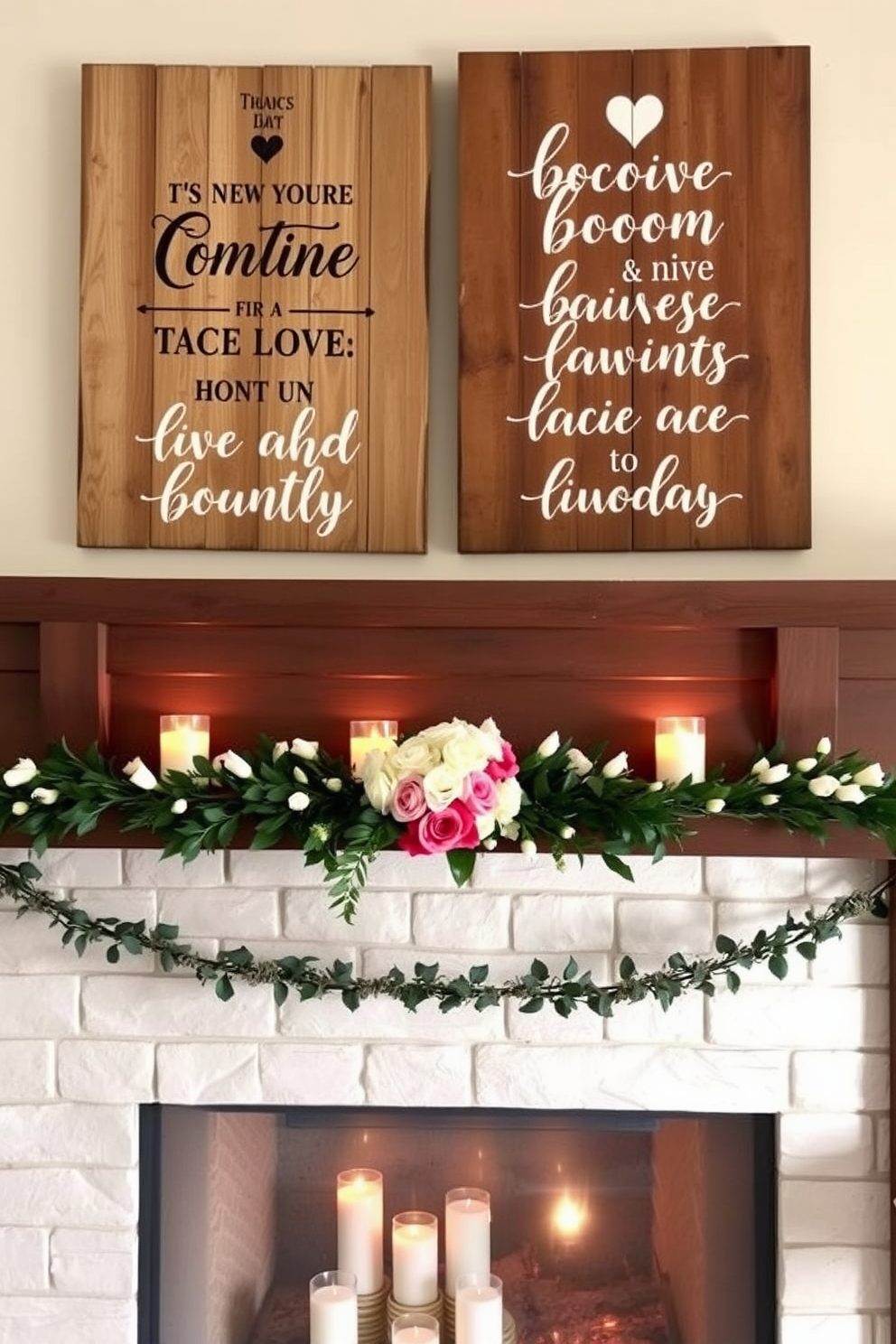 Rustic wood signs adorned with romantic phrases hang above a cozy fireplace. The mantel is decorated with soft candlelight and fresh flowers, creating a warm and inviting atmosphere for Valentine's Day.