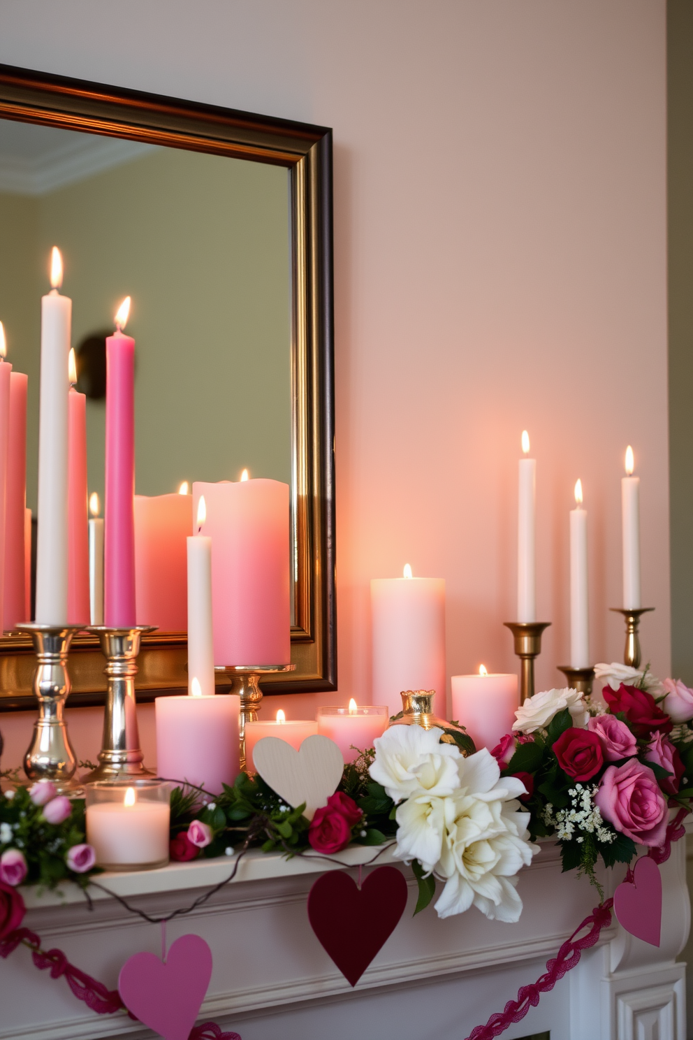 A cozy mantel adorned for Valentine's Day features an array of candles in varying heights and colors. The warm glow of the candles complements delicate heart-shaped decorations and fresh flowers, creating a romantic atmosphere.