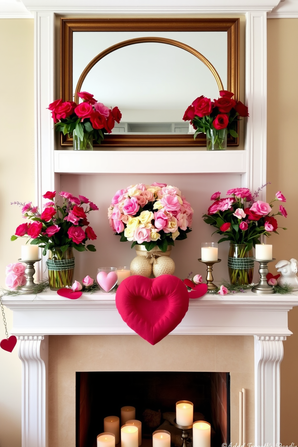 A charming mantel adorned with vibrant floral arrangements featuring pink and red blooms. The decorations incorporate heart-shaped accents and soft candlelight to create a warm and inviting atmosphere for Valentine's Day.