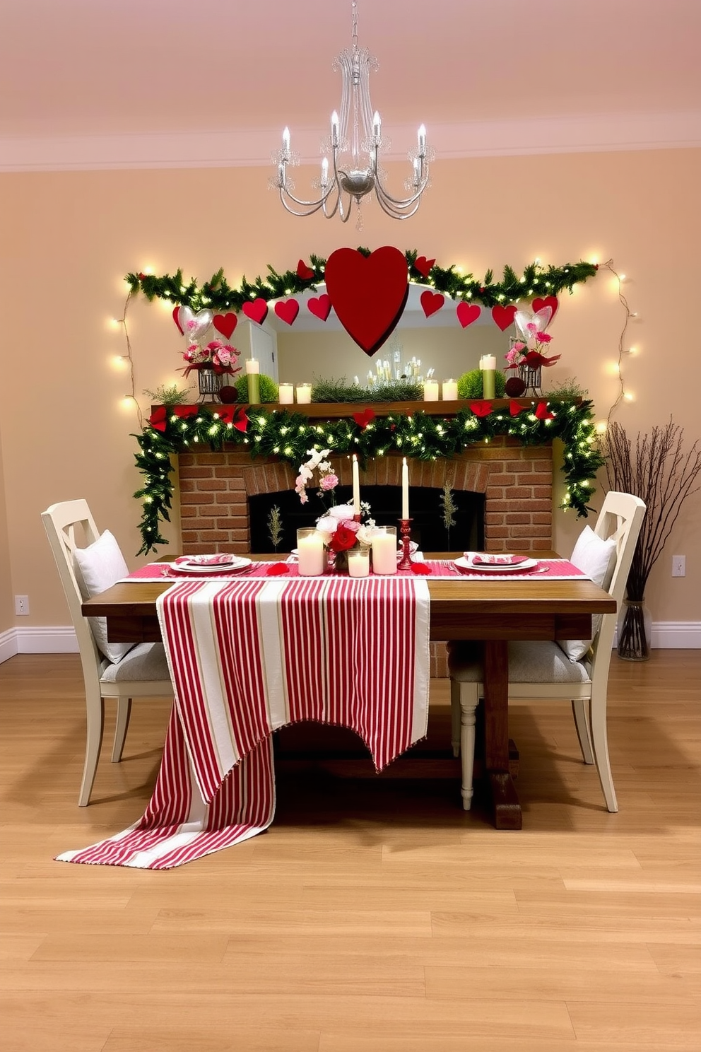 A charming dining room setting adorned with a red and white striped table runner draping elegantly over a rustic wooden table. The table is set for a romantic Valentine's Day dinner with delicate floral arrangements and soft candlelight creating a warm ambiance. Above the table, a beautifully decorated mantel features heart-shaped garlands and twinkling fairy lights. The walls are painted in a soft cream color, enhancing the cozy atmosphere of this festive celebration.