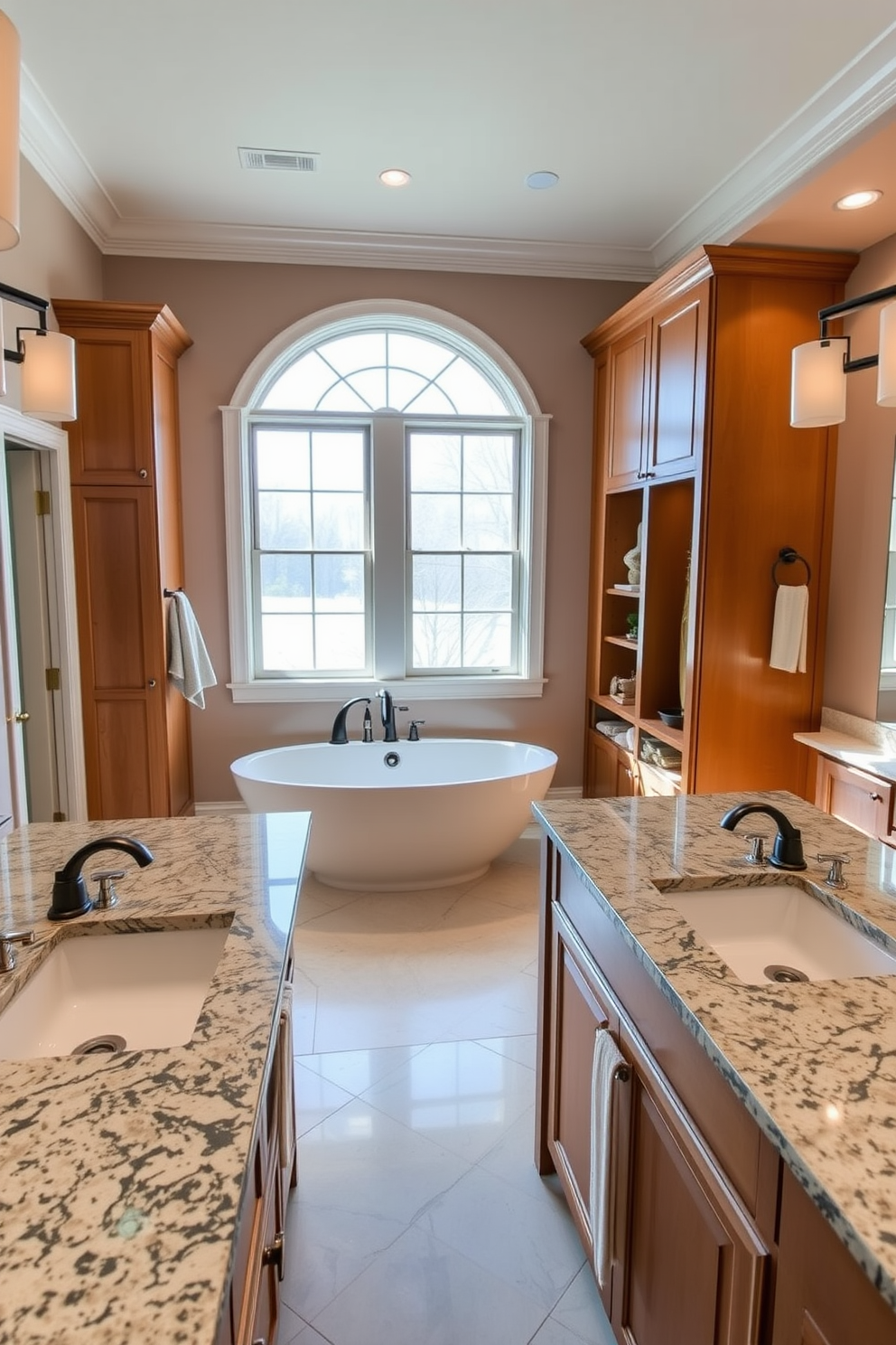 A luxurious master bathroom featuring his and hers separate sinks. Each sink is set into a sleek granite countertop with elegant fixtures, complemented by a stylish backsplash in soft hues. The space is adorned with a freestanding soaking tub positioned beneath a large window, allowing natural light to flood in. Warm wooden cabinetry provides ample storage, while plush towels and decorative accents add a touch of sophistication.