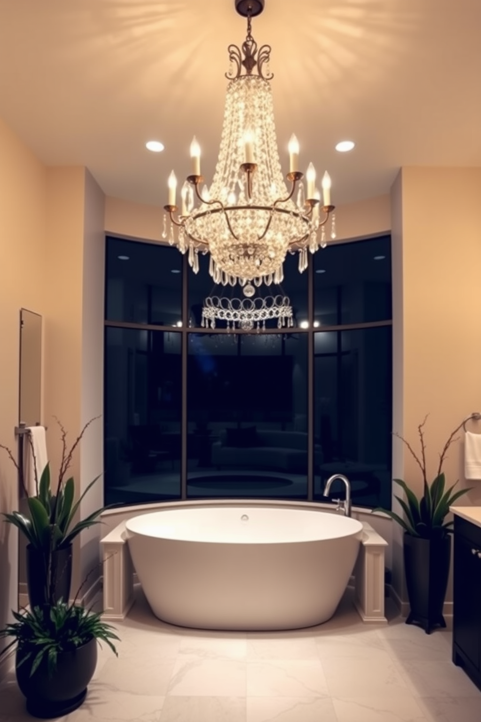 A luxurious master bathroom featuring textured wallpaper that adds depth and sophistication to the space. The room includes a freestanding soaking tub positioned under a large window, allowing natural light to flood in and enhance the elegant atmosphere. The vanity area showcases a double sink setup with a stunning quartz countertop and stylish pendant lighting above. Complementing the design are polished chrome fixtures and plush towels neatly arranged for a spa-like experience.